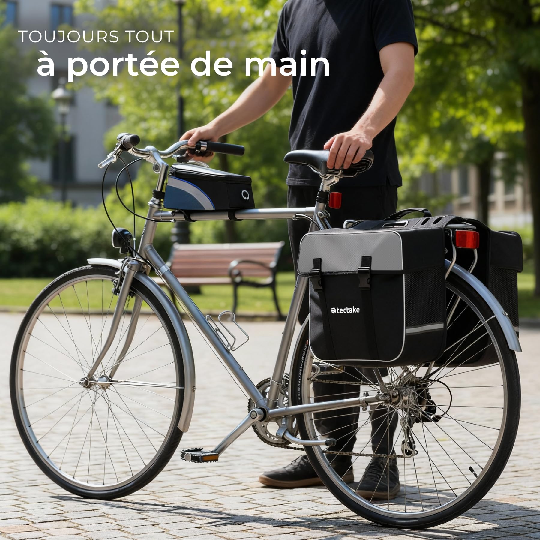 tectake® Ensemble Double Sacoche Velo Porte Bagages avec Bandes réfléchissantes et Sacoche de Cadre Support Téléphone Velo, Sacoches déperlantes pour Vélo électrique, Vélo, VTT, Cyclisme Sport Voyage