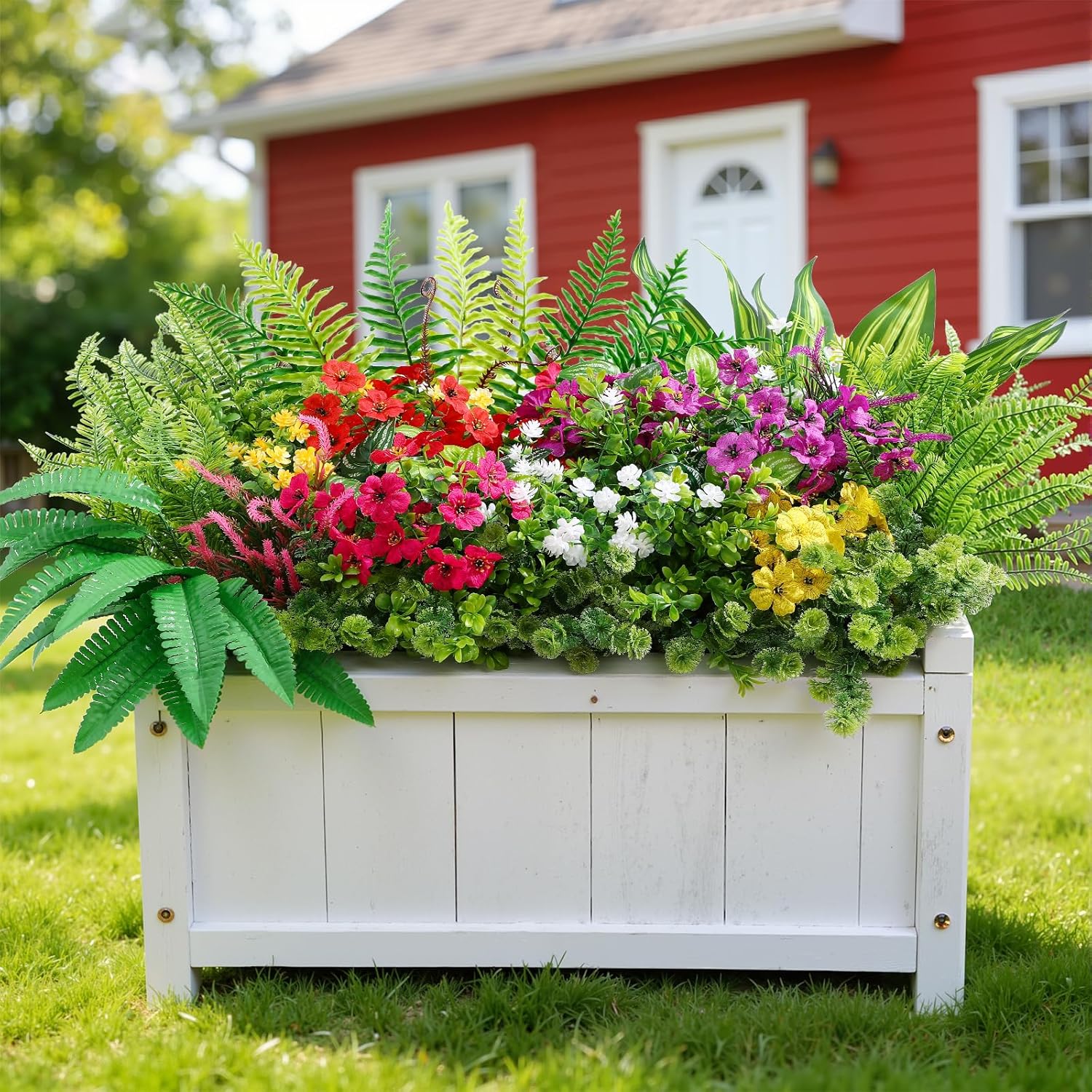 Alupssuc 24 Pcs Artificial Flowers and Plants, UV Resistant & No Fade Fake Plastic Greenery Shrubs for Home Garden, Pathway, Front Porch-Spring Summer Decor, Indoor/Outdoor Use,Red Rosy Purple Yellow