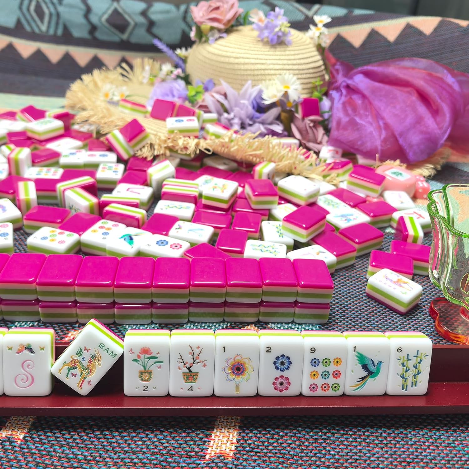 American Mahjong Design Set 1.2-inch 160 Acrylic High-Grade Four Layer Rose Red Mah-Jongg Tiles