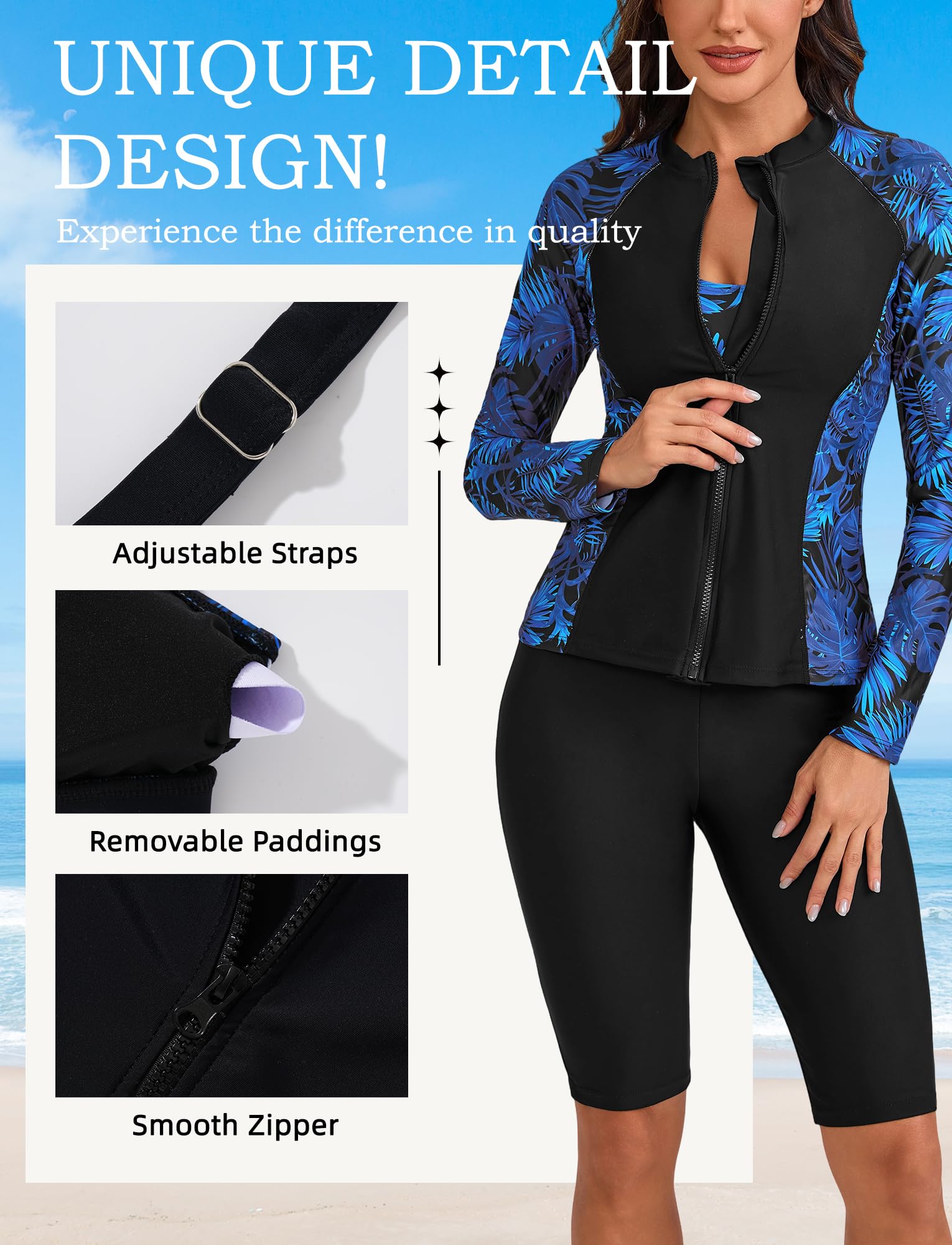 Maillots de Bain 3 Pièces Femme Rashguard Set Manches Longues avec Haut Tankini et Short pour Surf Plage Natation