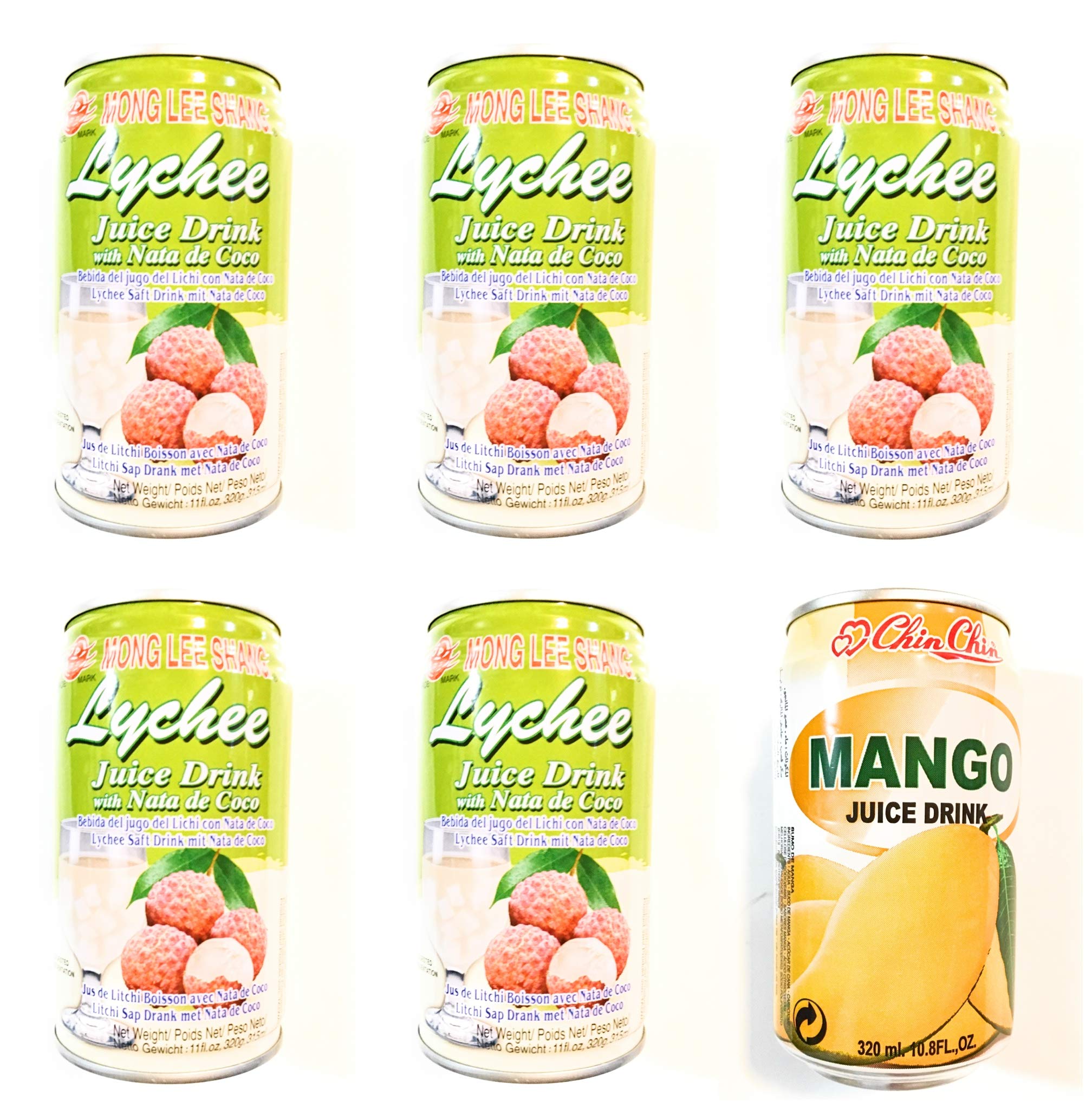 5 Pack Mong Lee Shang Lychee Juice Drink With Coconut Jelly 11 Fl Oz Each AND 1 Chin Chin Mango Juice Drink 10.8 Fl Oz
