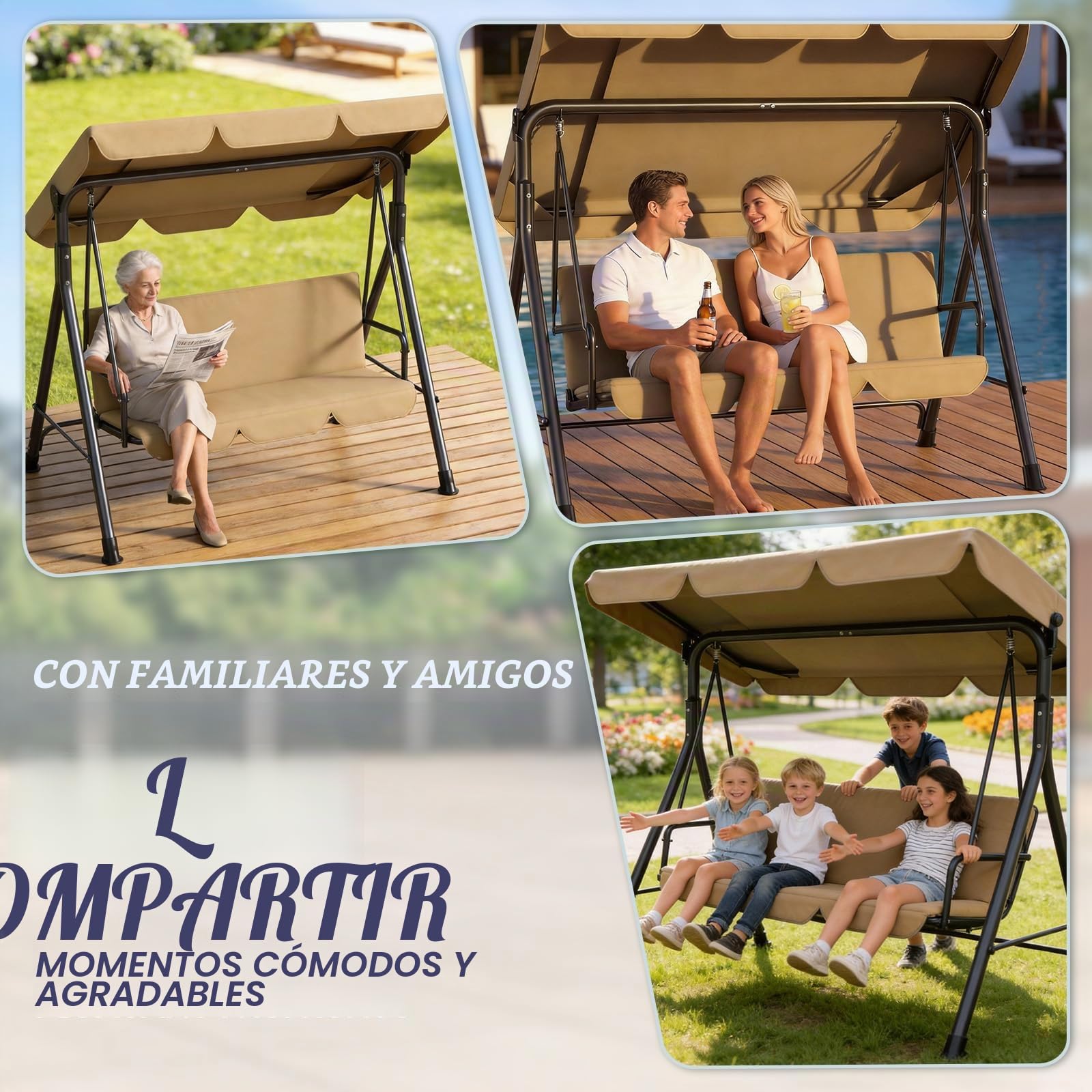 Huracan Balancín de jardín de 3 plazas, con toldo ajustable, patas antideslizantes, resistente a la intemperie, estructura de metal estable, banco mecedor, soporta hasta 200 kg, color marrón