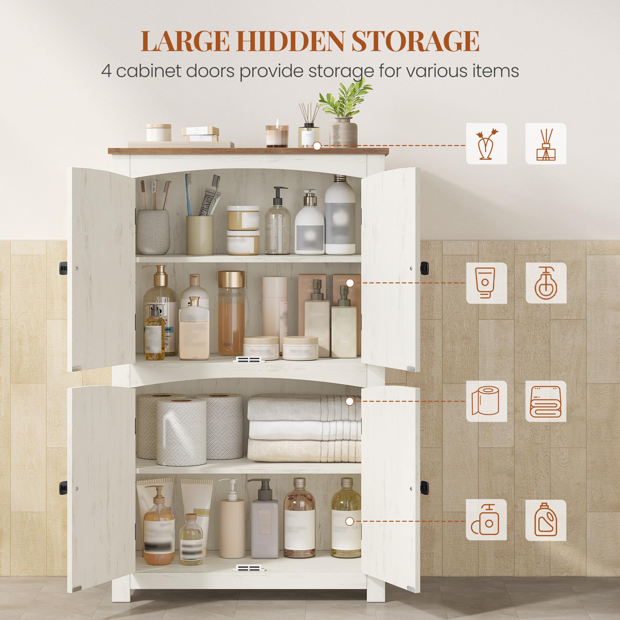 HEXCELEN Armoire de Rangement avec Portes de Grange, Style Ferme, Buffet Haut, avec 4 Portes, Meuble de Rangement, Étagères Réglables, Marron Rustique et Blanc, 30 x 60 x 110 cm
