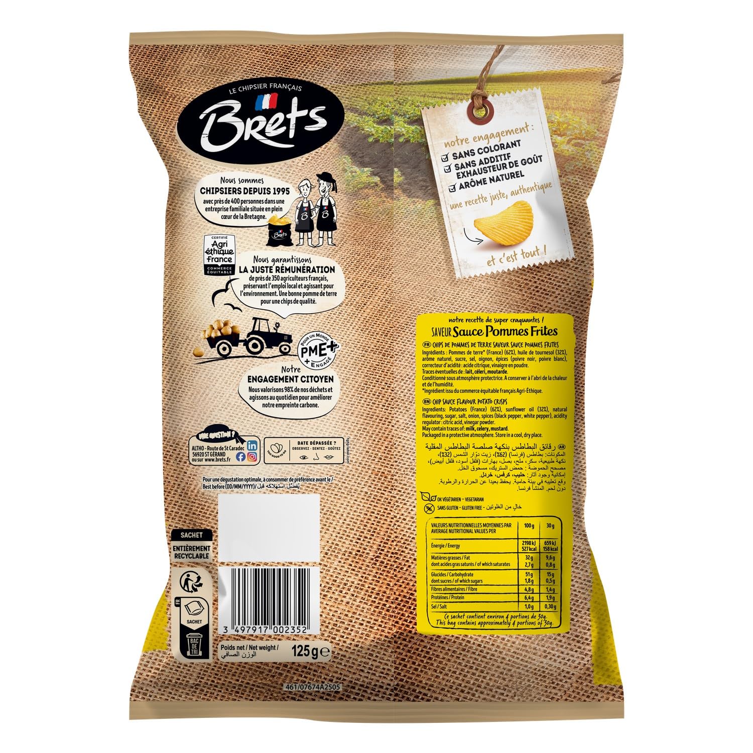 BRETS Chips saveur sauce pommes frites, pommes de terre françaises, cuisinées à l'huile de tournesol, sachet de 125 g - Lot de 6