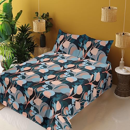 Miniatura 5 de Ambesonne Juego de sábanas florales, siluetas abstractas de flores y círculos de prado silvestre, arte retro, sábana bajera y encimera con funda de