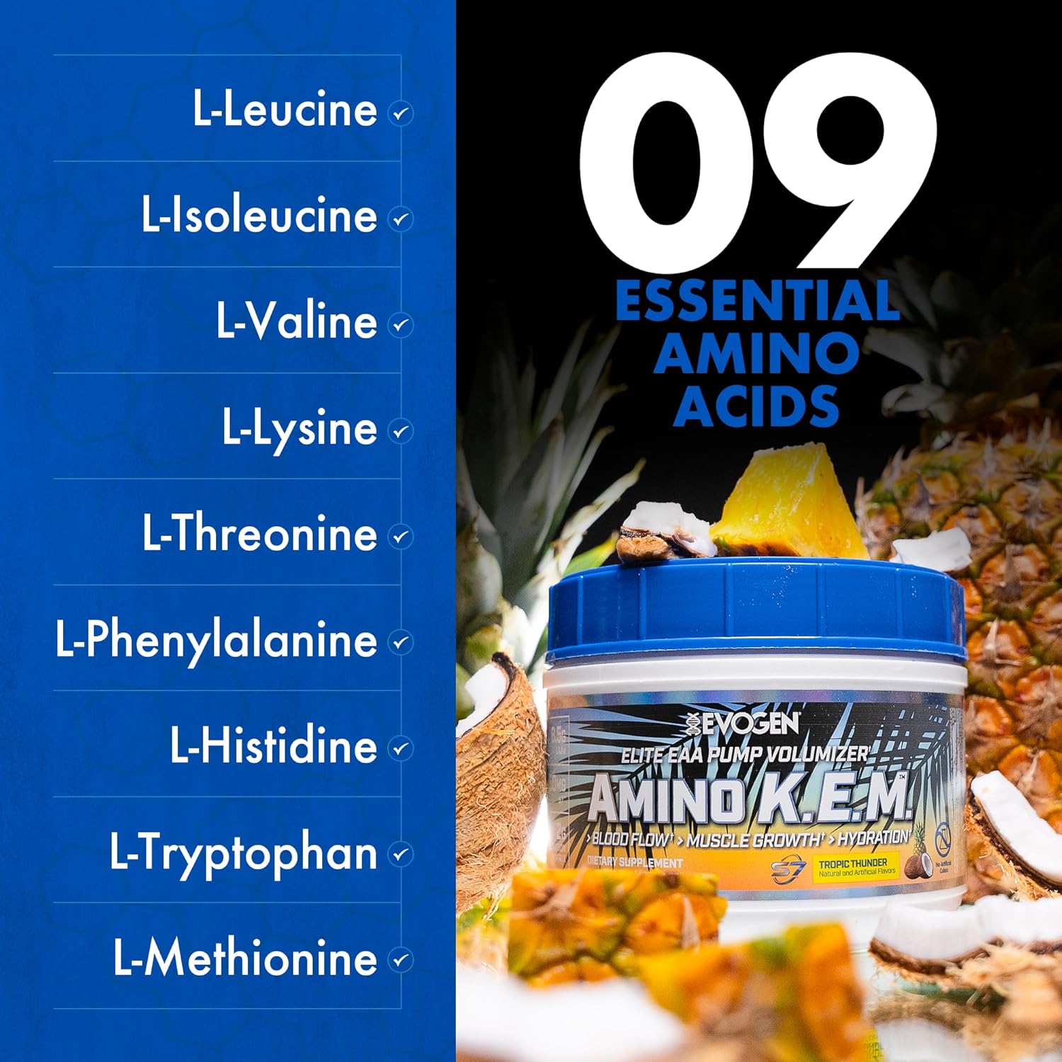 Evogen Amino K.E.M. - EAA & BCAA Powder Pump Volumizer | BCAAs Amino Acids Supplement for Blood Flow, Muscle Growth, & Hydration | Tropic Thunder | 30 Servings - Image 6