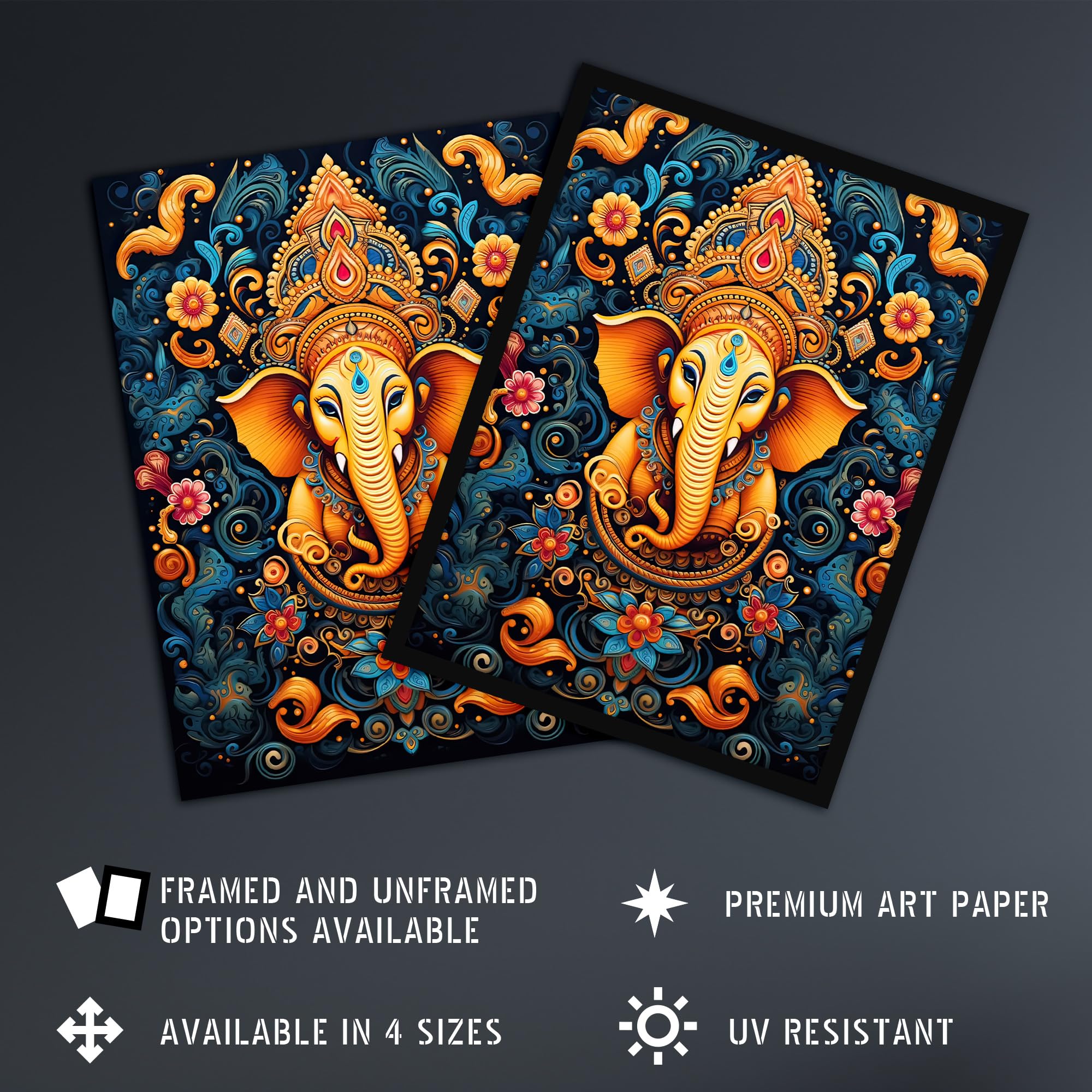 Artery8 Ganesha and Flowers Hindu Concept Art Orange Blue Vibrant Ornate Floral Pattern Design with Elephant Extra Large XL Wall Art Poster Print - Image 2
