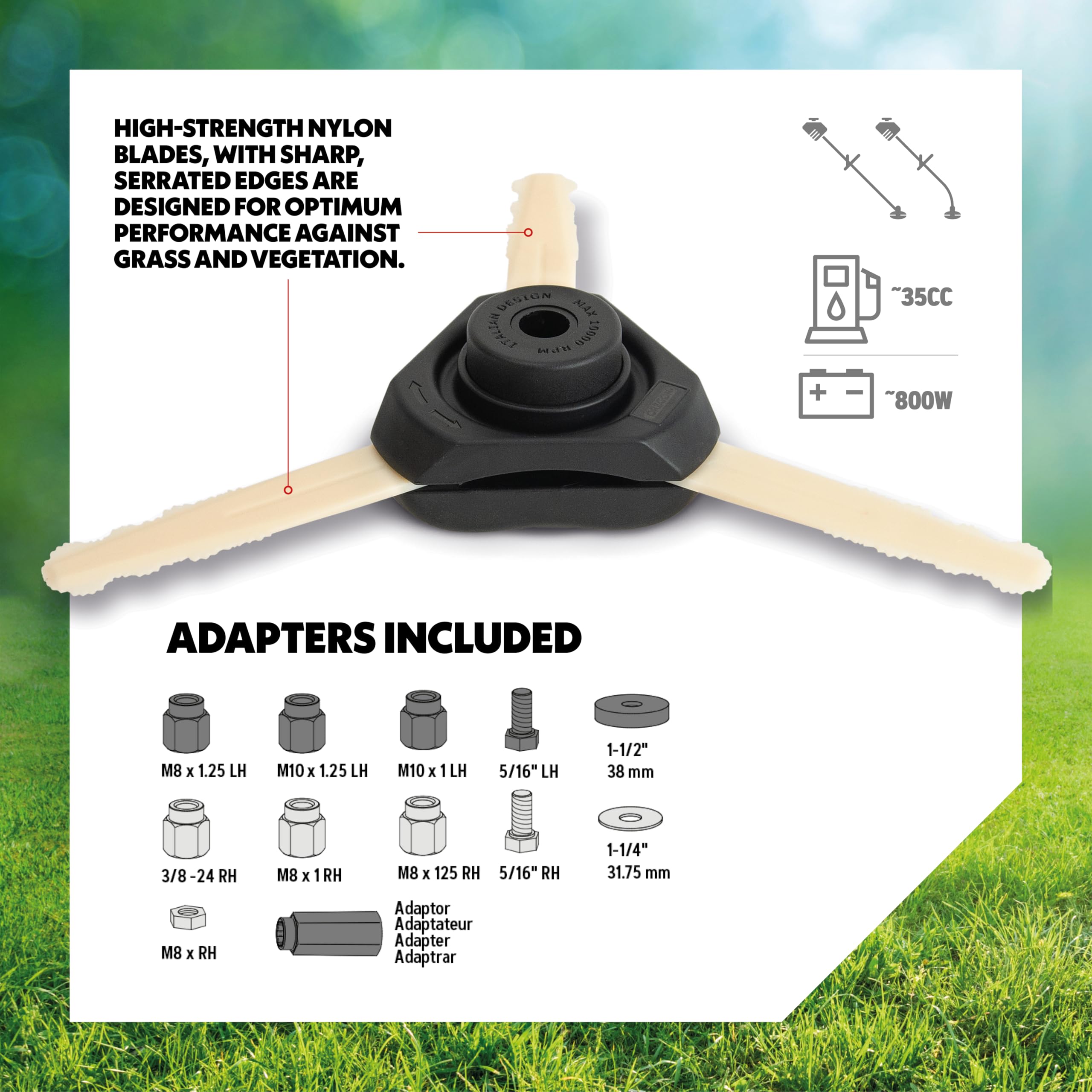 Oregon - Cabezal de Desbrozadora Universal de 3 Cuchillas para Hierba y Maleza, Apto para la Mayoría de las Desbrozadoras de Eje Recto, de Gasolina y Eléctricas como Stihl, Bosch, Ryobi, Worx y Más