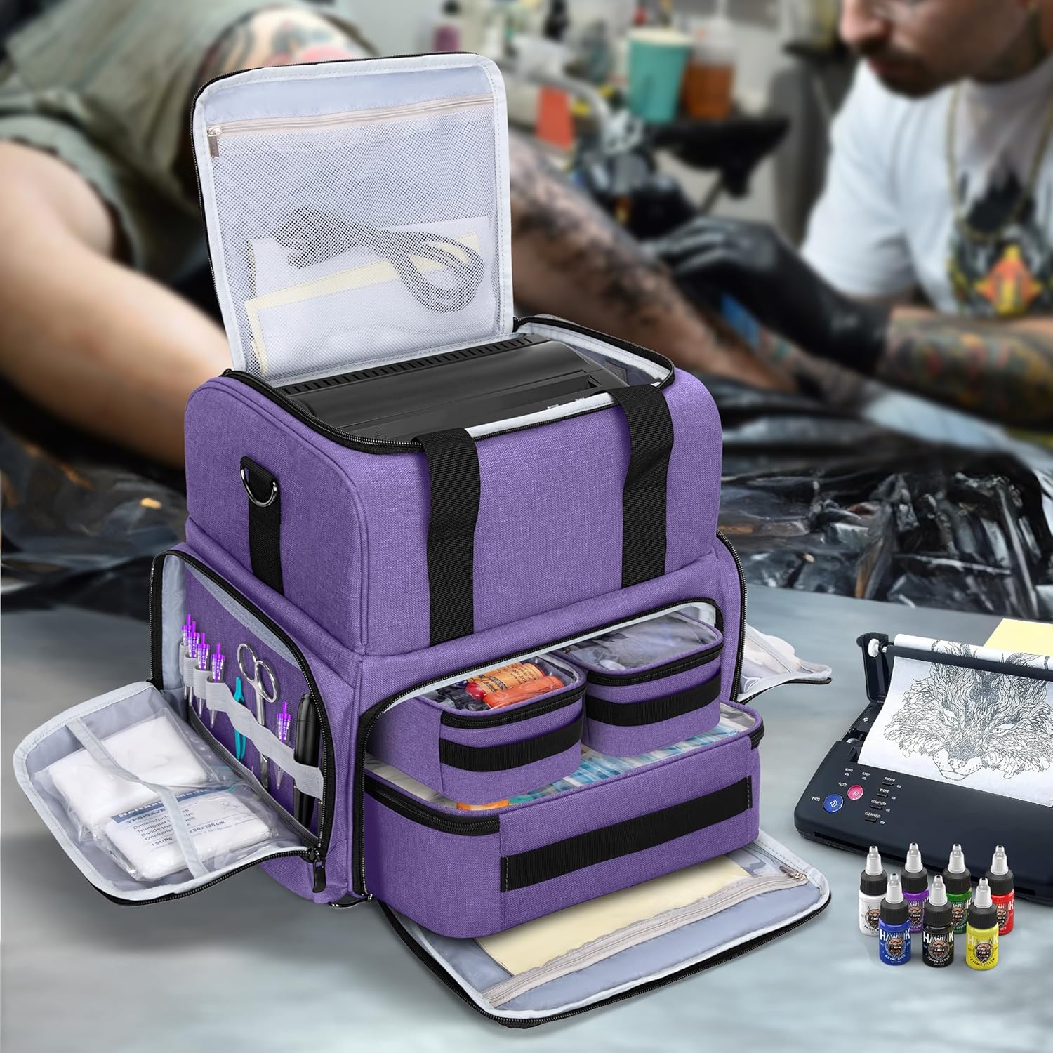 BAFASO Large Tattoo Case with 3 Inner Removable Pouches, Tattoo Travel Case for Large Tattoo Stencil Printer and Tattoo Supplies (Patented), Purple