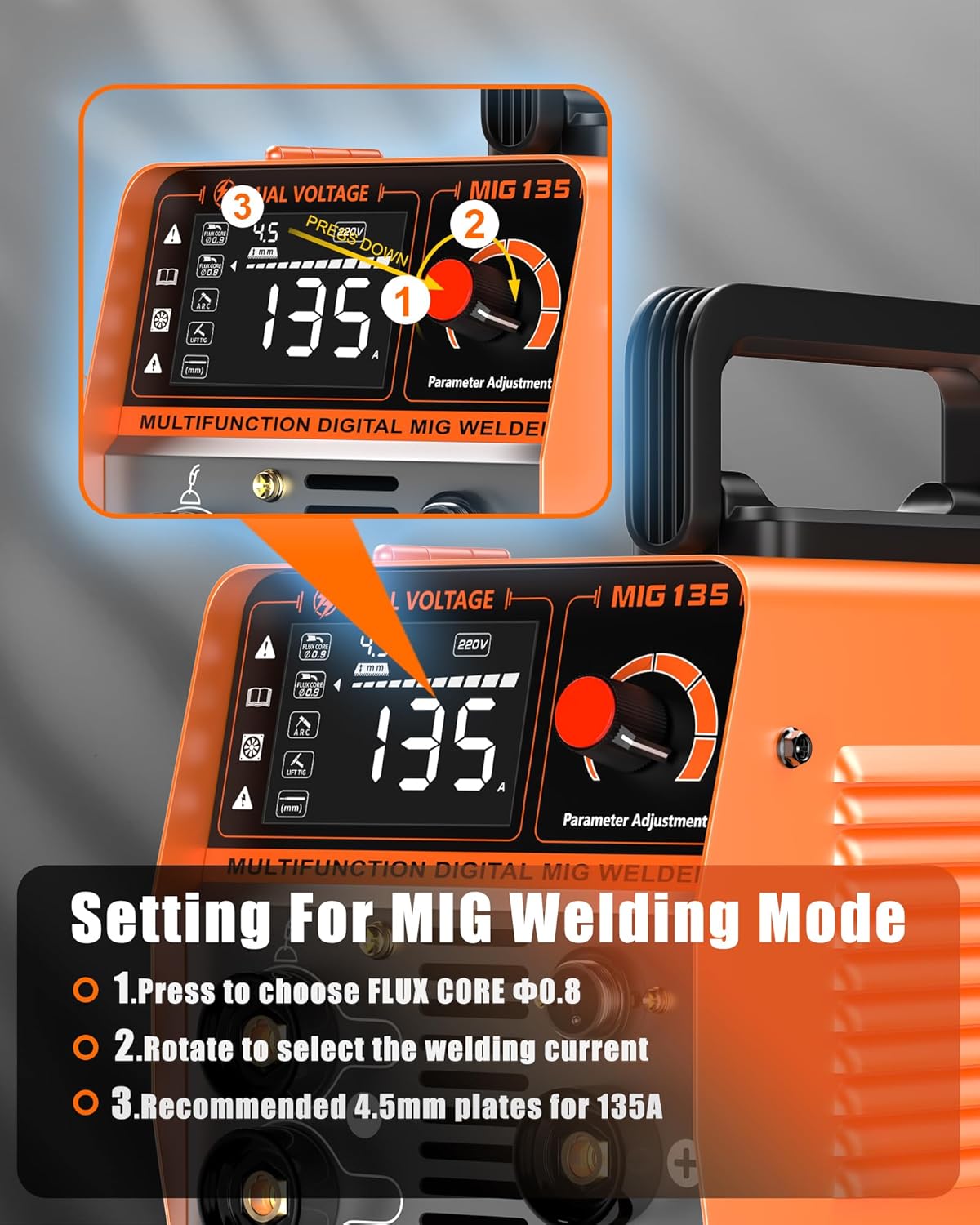 Setting parameters for MIG welding mode on FEIFANKE MIG Welder 135A