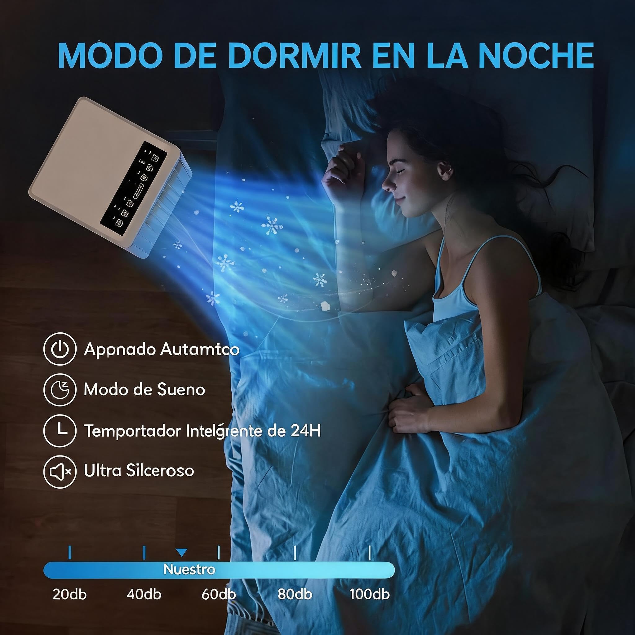 Aire Acondicionado Portátil 9000 BTU 3 en 1 – Enfriamiento Rápido, Deshumidificador, Ventilador – 2 Velocidades, Temporizador 24H, modo Sueño, Mando, Bajo Consumo, R290, Ruedas, hasta 32m²