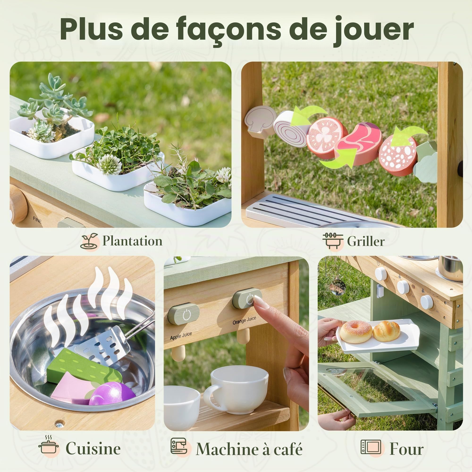 ROBUD Cuisine en Bois pour Enfants, 17 pièces de Cuisine avec évier, Tableau Noir et Accessoires, Cuisine extérieure pour Barbecue, Jeu de éducatif pour Les Enfants de 3 Ans et Plus