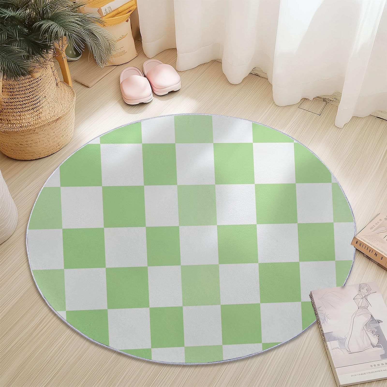 Tapis rond de salon moelleux vert clair tapis géométrique de 180 cm