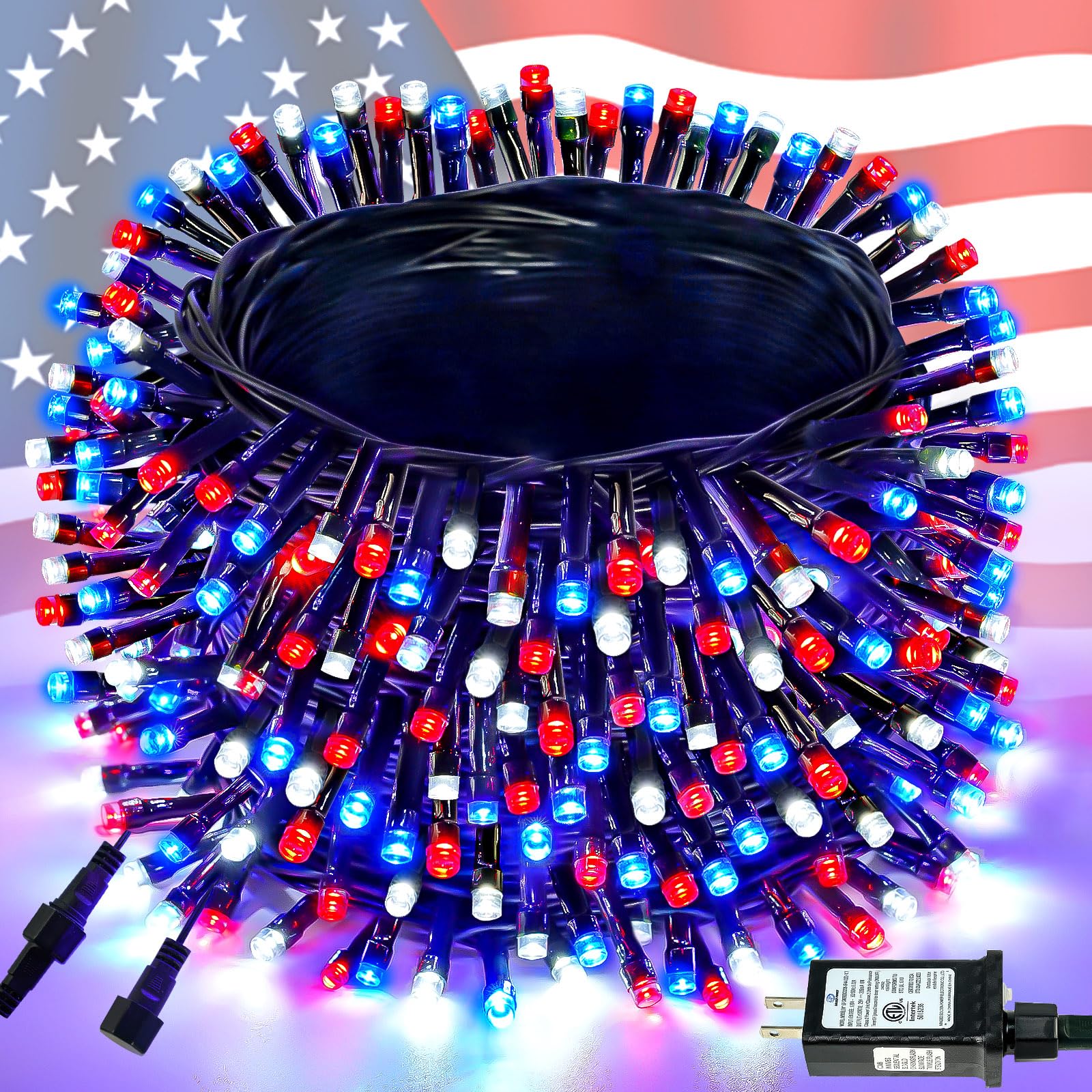 BHCLIGHT Connectable 88Ft 240LED 4th of July String Lights, Red White Blue