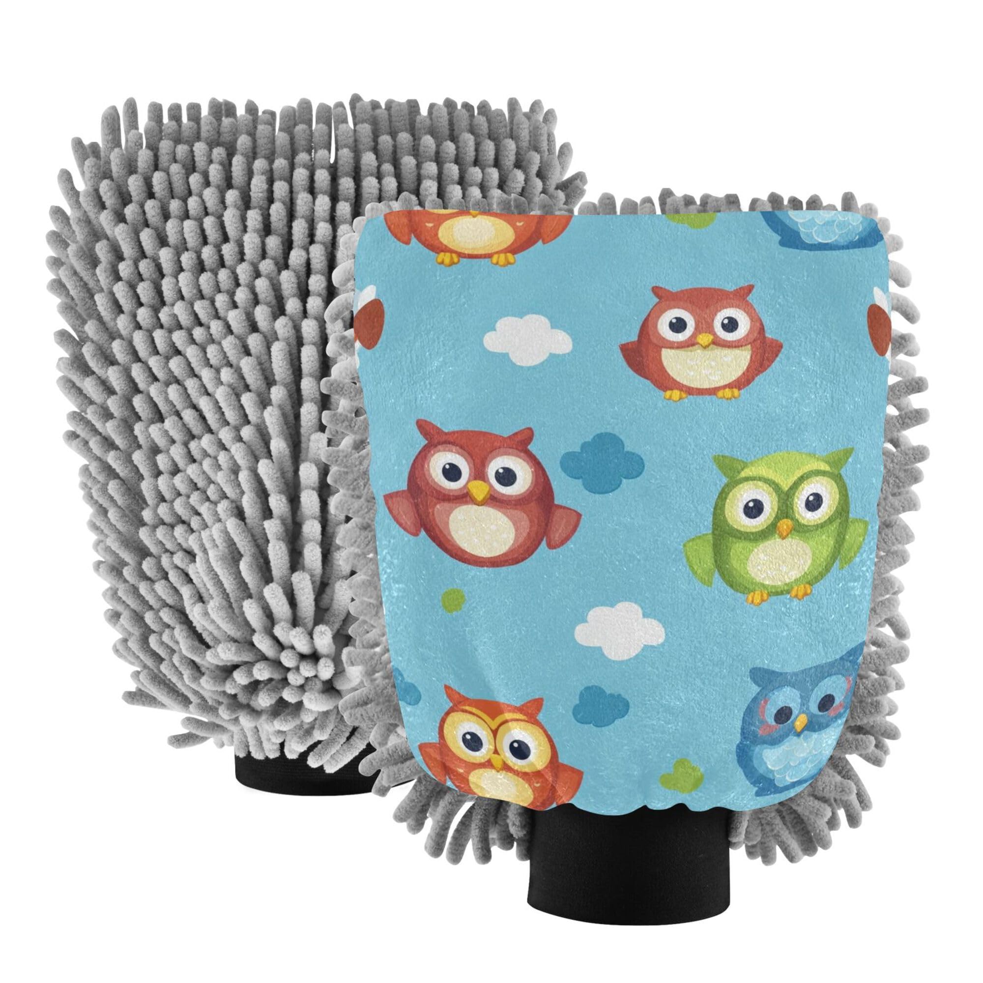 Cute Cartoon Owls Blue Wash Mitten for Cars 2 Pack Car Washing Gloves Non Scratch Clean Sponges for Hand Brush Cleaning