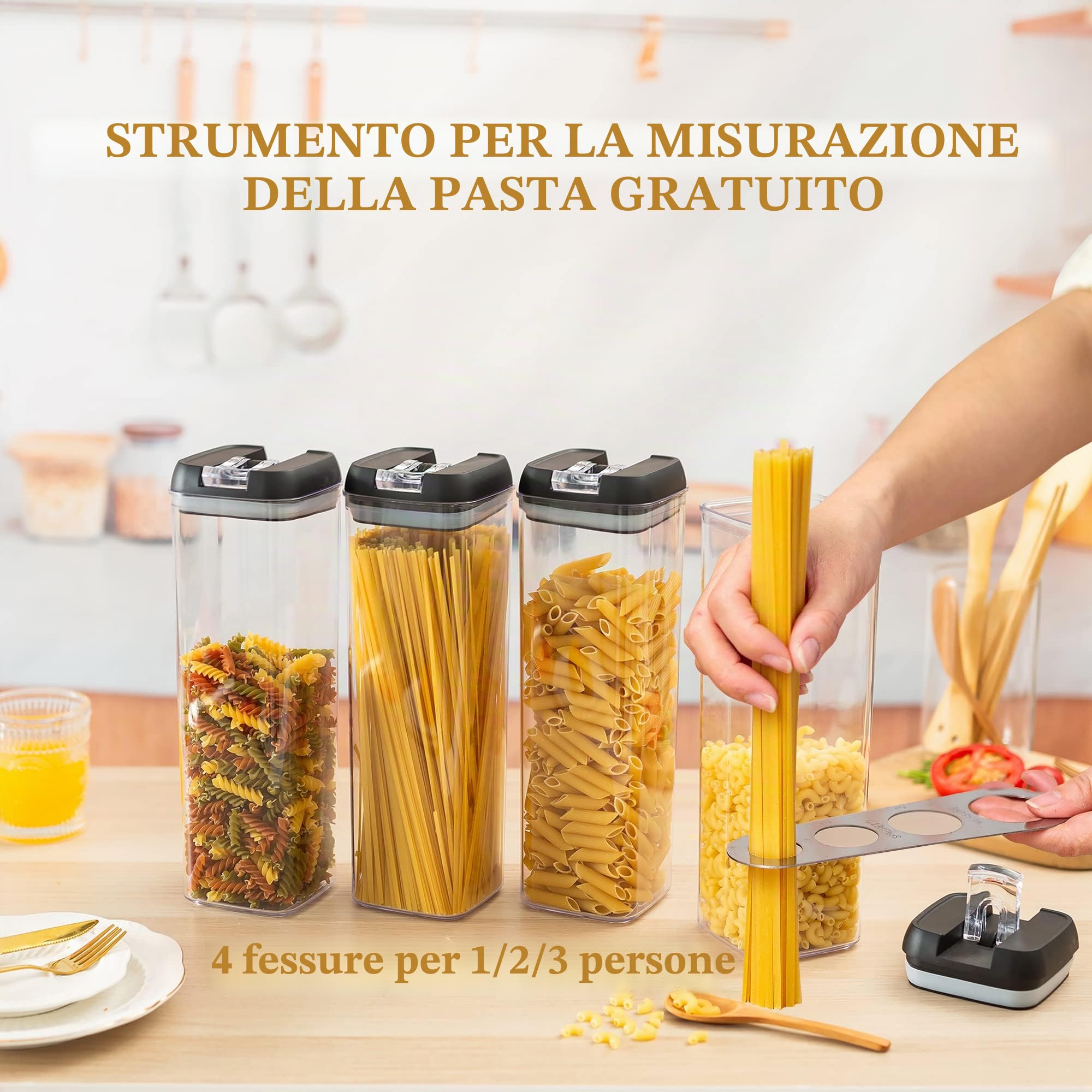 Set di 7 contenitori per cucina con coperchio nero facile impilabile, per spaghetti cereali
