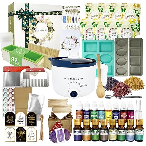 PIUH Deluxe Soap Making Kit for Soap Making,DIY Soap Making Full Set Kits Includes Soap Melter,4 lb Soap Base,8 Essencial Oils,Silicone Loaf Molds & Scraper,Cutter, 8 Dyestuffs for Adult & Kids Gift
