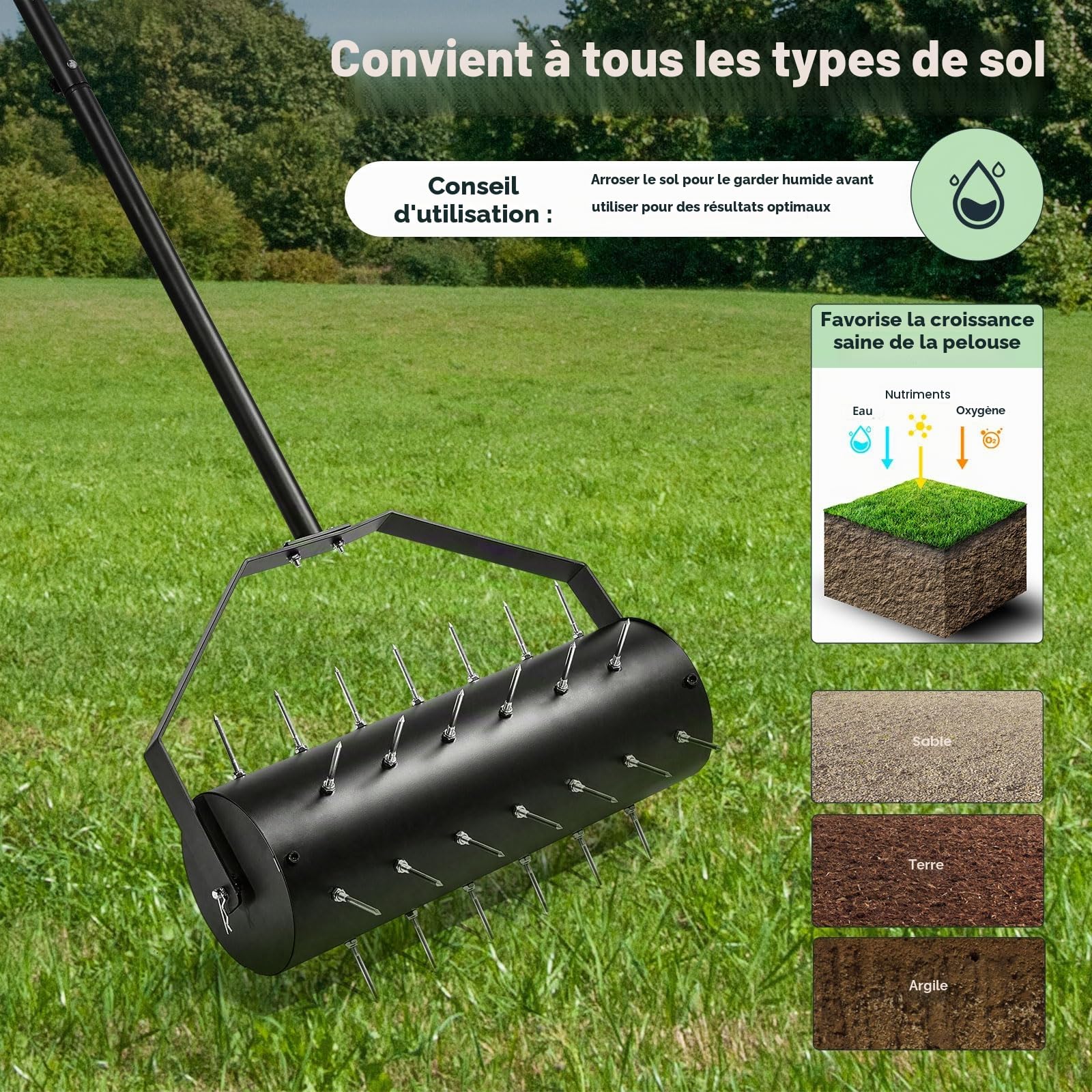 Aérateur de pelouse, manuel, aérateur de pelouse, rouleau de gazon avec 39 clous (6 cm) et manche, scarificateur manuel pour cours, surfaces de pelouse dans le jardin (44 cm x 141 cm/93,5 cm)