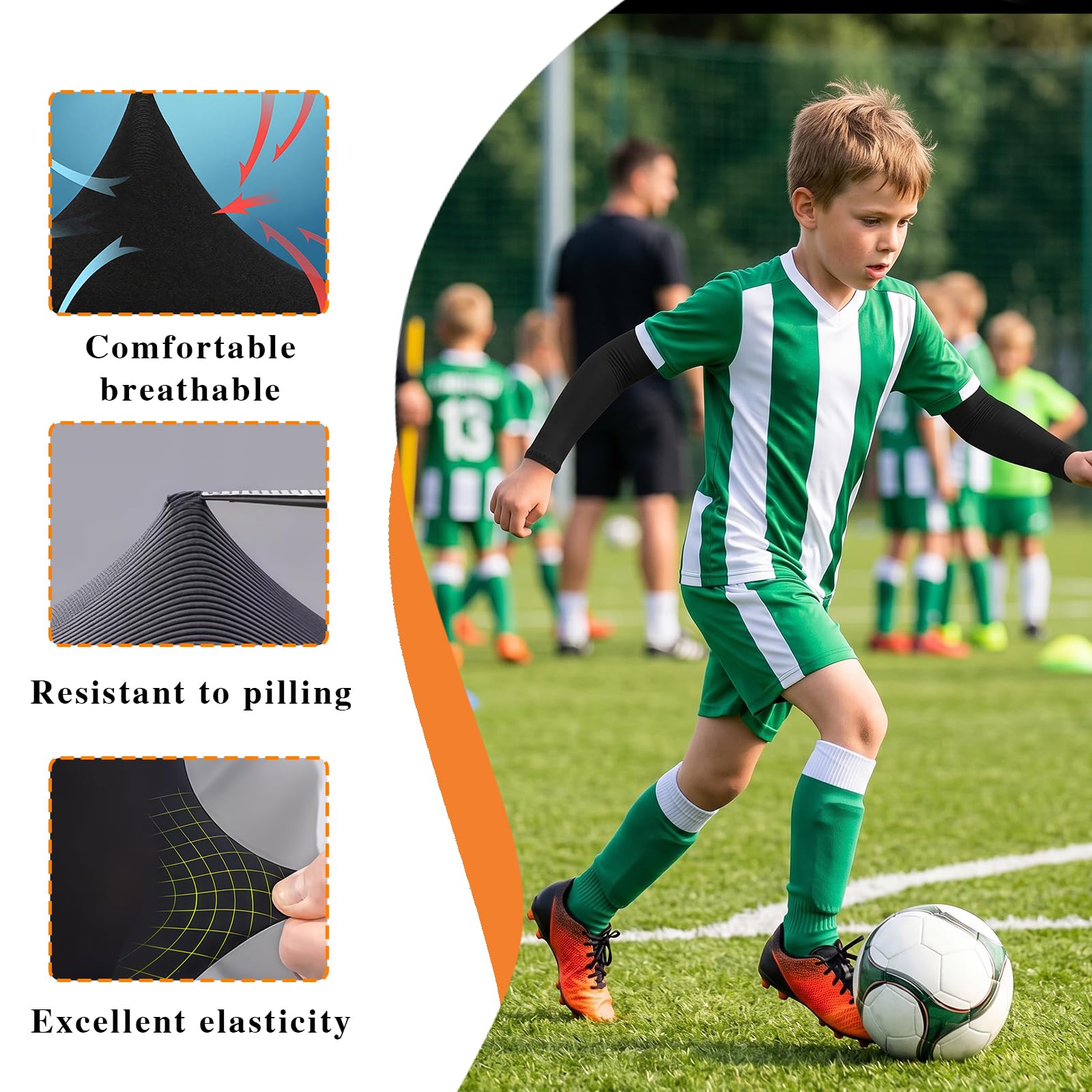 Lot de 4 paires de manchons pour enfant - Protection UV - Manchettes et manchons de sport pour basket-ball, volley-ball, football - Manches élastiques pour garçons et filles de 4 à 12 ans