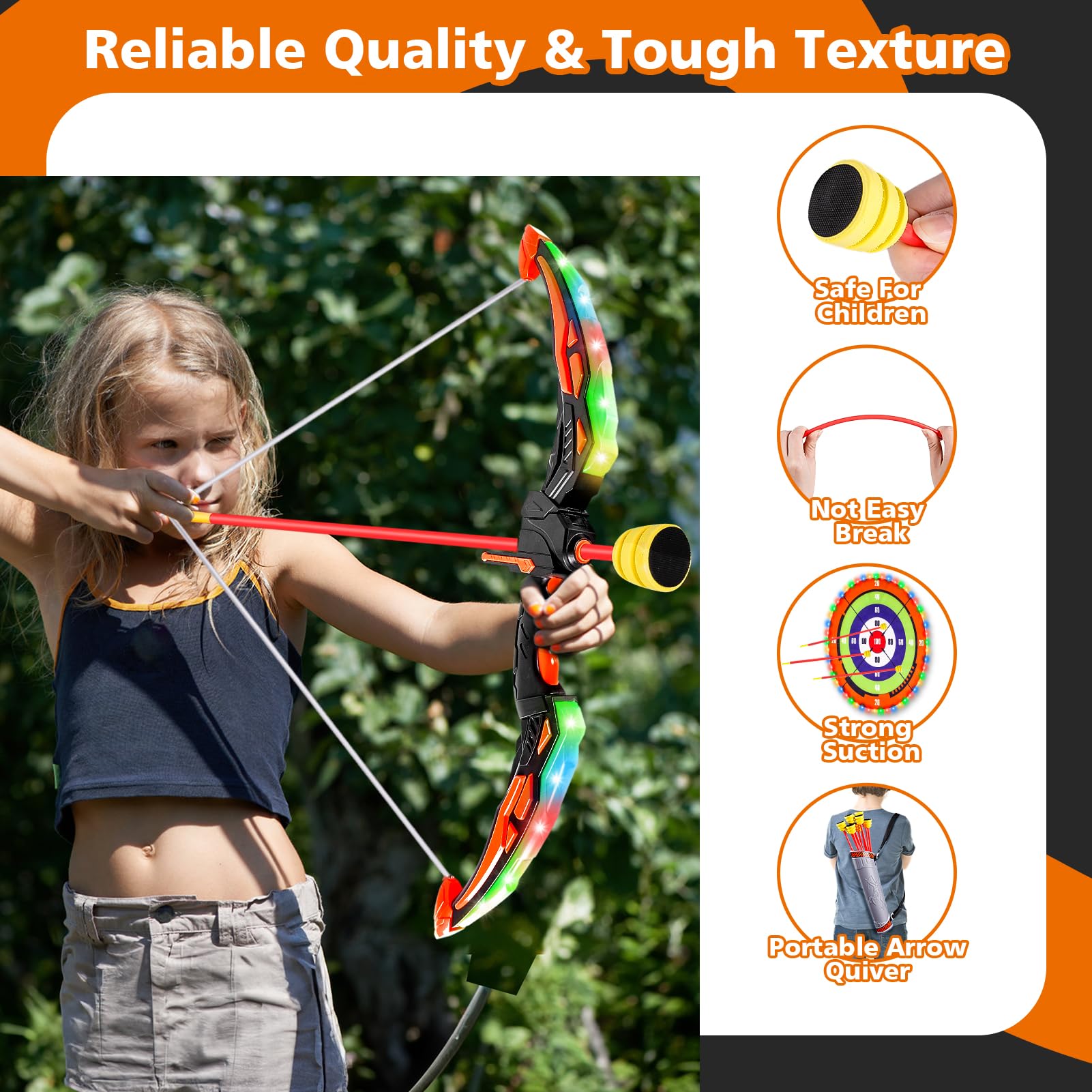 Set di Arco e Frecce per Bambini, Set di tiro con Arco a LED con Grande Bersaglio per Bambini. Include 10 frecce adesive, faretra, 10 proiettili in Velcro, 6 Freccette, ECC.