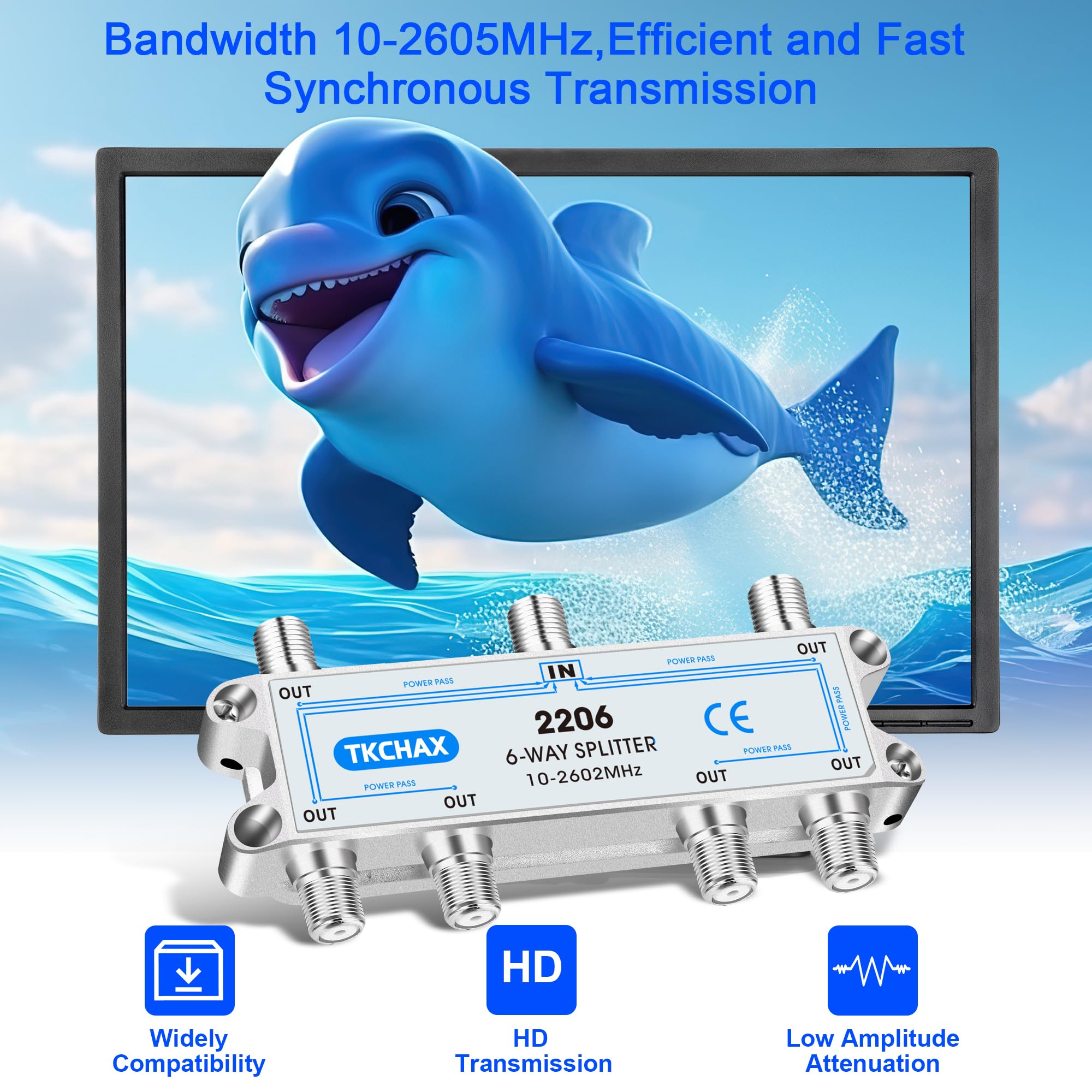 Divisor de Cable coaxial de 6 vías, Compatible con 10-2602 MHz, Compatible con RG6 RG59, Funciona con MoCA2.5 y MoCA3.0, CATV, TV por satélite, Antena, HDTV e Internet de Alta Velocidad