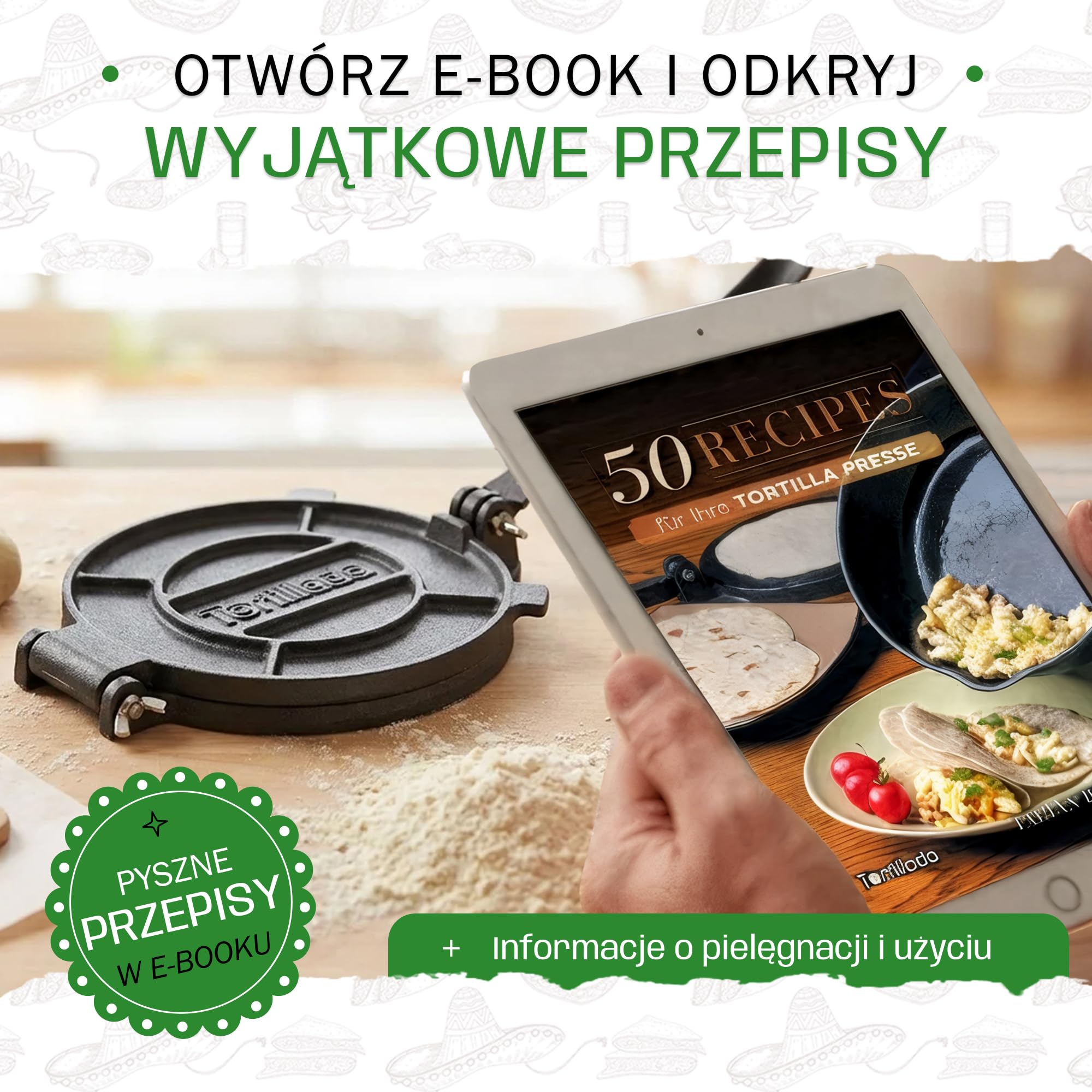 Tortillada - Prasa do tortilli + E-Book z 50 przepisami (30 cm) | Żeliwna prasa do tortilli, quesadilli i roti z 50 przepisami.