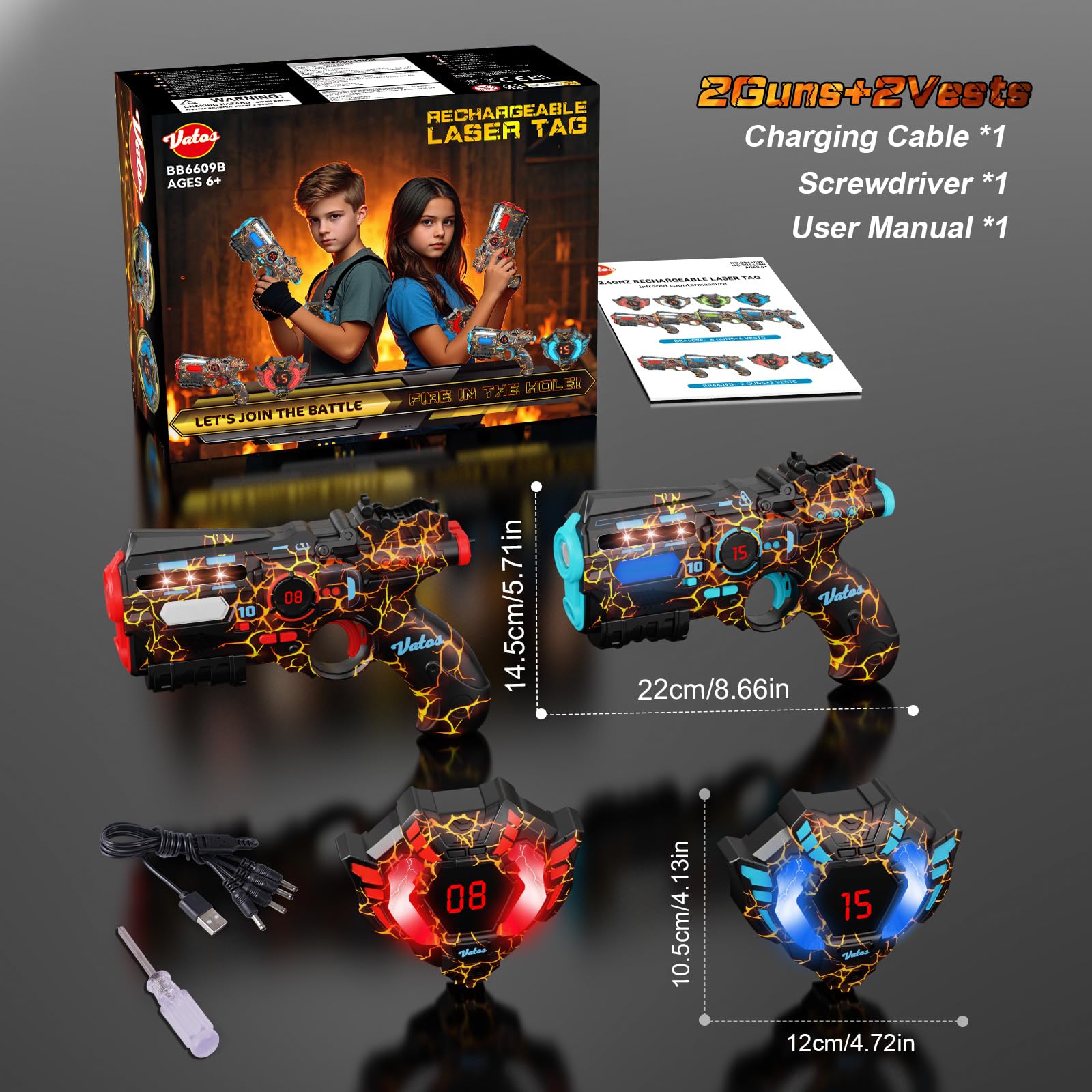 VATOS Laser Tag Ricaricabile 2 Giocatori - 2 Pistole e 2 sensori di Giacca completamente sincronizzati con i dati 2.4GHz - Giocattoli e idee di compleanno Laser Tag Gun per Bambini