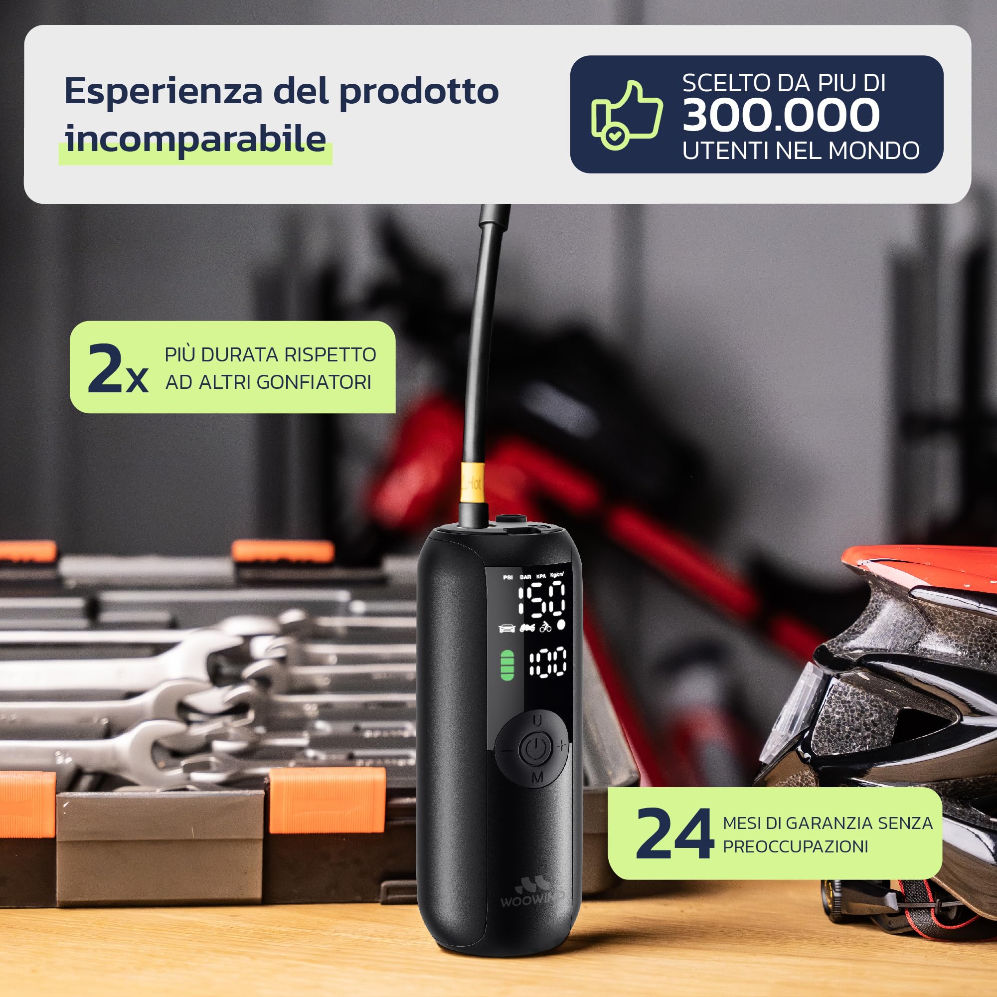 Woowind Compressore Aria Portatile, Pompa Per Bicicletta Elettrica Gonfiaggio in 1 Minuto, 150PSI Gonfia Gomme Auto, Biciclette, Moto e Palloni con Spegnimento Automatico, Schermo LCD, Luce LED