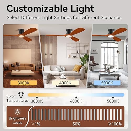 Miniatura 4 de 52' Smart Wood Low Profile Ceiling Fan with Lights Remote, Quiet DC Motor, Outdoor Indoor Flush Mount, Voice Control via WIFI Alexa App, Modern