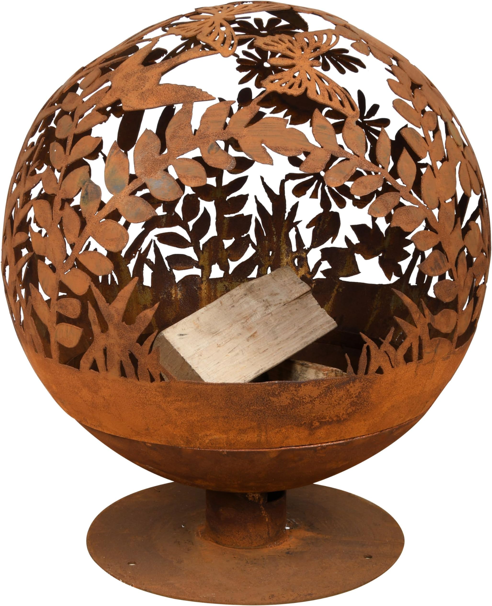 Design FF294 Fallen Fruits Oxidised Woodland Globe Speher, Fire Pit Basket Bowl Cast Iron (Basket Bowl 'Flowers'), Ochre, ร 57 cm