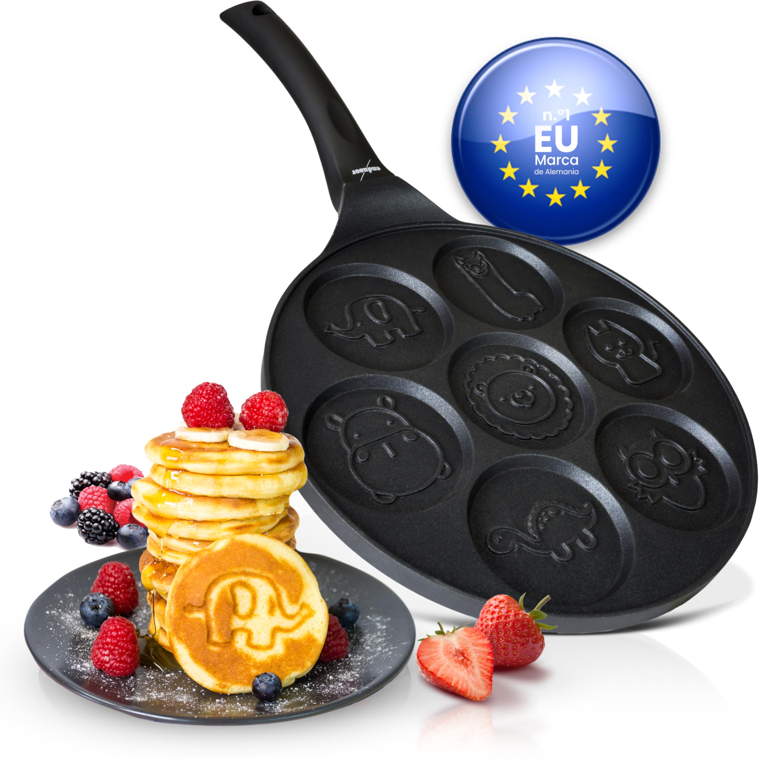 endusor Sartén tortitas y pancakes para niños con motivo animales | Sarten (26cm) con 7 hoyos y protección antiadherente | Todo tipo de cocinas e inducción | Sartén divida para panquecas tortitas