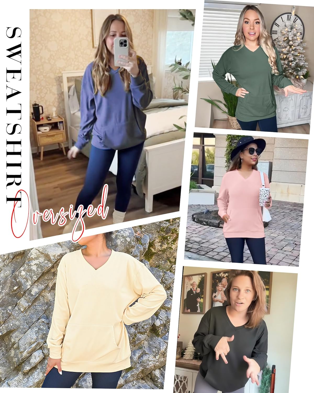 AUSELILY Womens Long Sleeve Sweatshirt Casual Fall V Neck Hoodless Pullover Tops with Pockets - Image 6