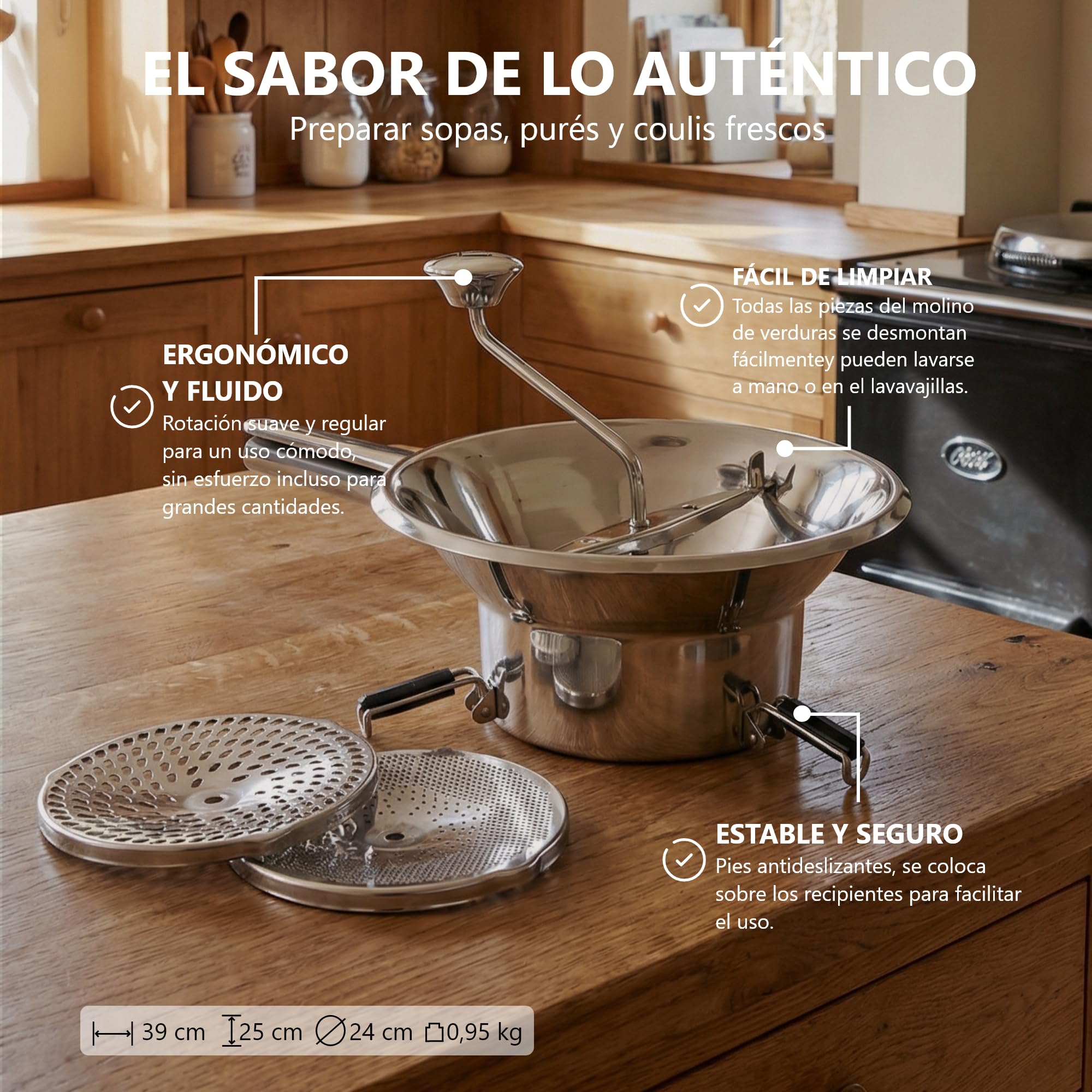 Louis Tellier – Pasapurés Manual de Acero Inoxidable – Molino de Verduras con 3 Rejillas Intercambiables – Para Purés, Sopas y Compotas – Uso Profesional y Doméstico - 24 cm