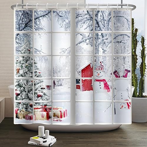 Miniatura 7 de Leowefowa Cortina de ducha con diseño de árbol de Navidad, diseño de búfalo blanco y negro, juego de cortina de ducha para invierno, Navidad,
