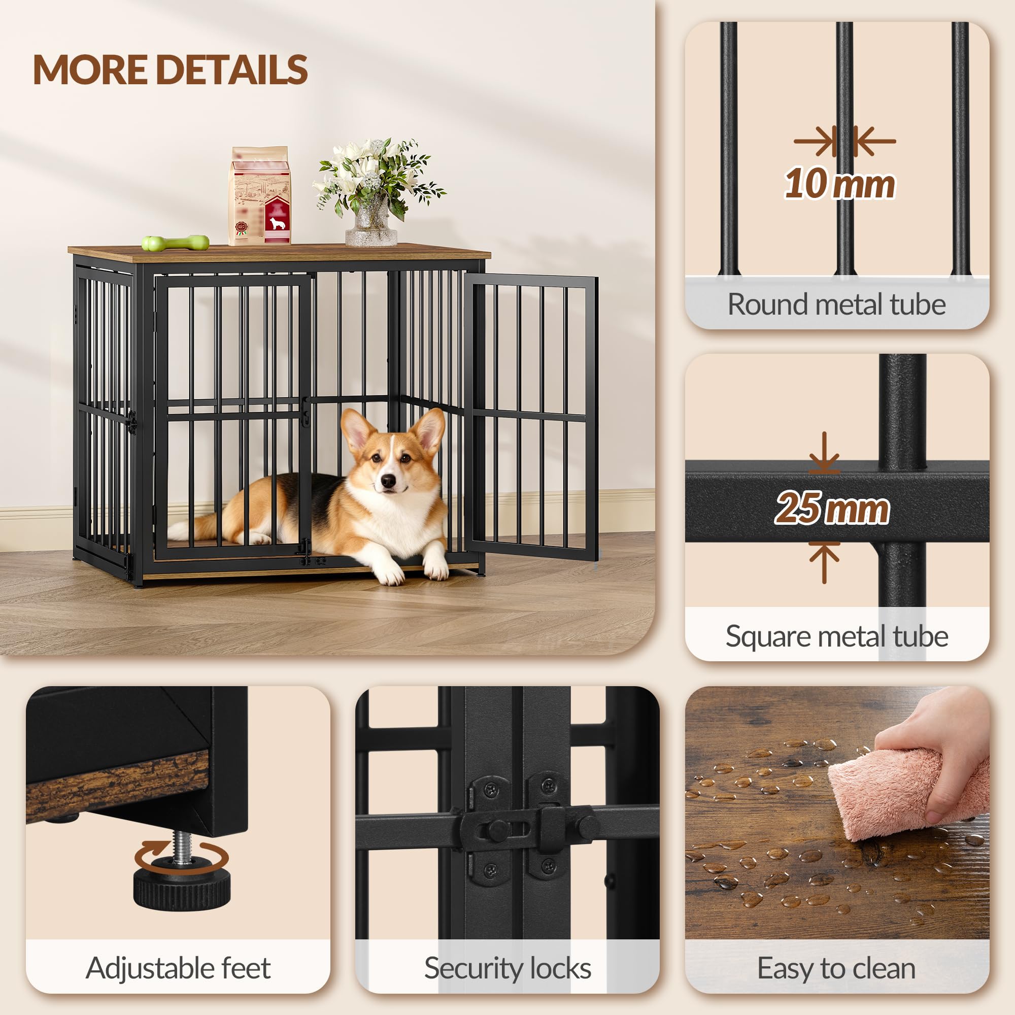 Jaula para Perros, 80cm Jaula Mueble para Perro con 3 Puertas, Casa Madera Perro, Mesa Auxiliar, Perros Pequeños y Medianos, Casa Interior Perros, 80 x 60 x 70 cm, Marrón Rústico y Negro