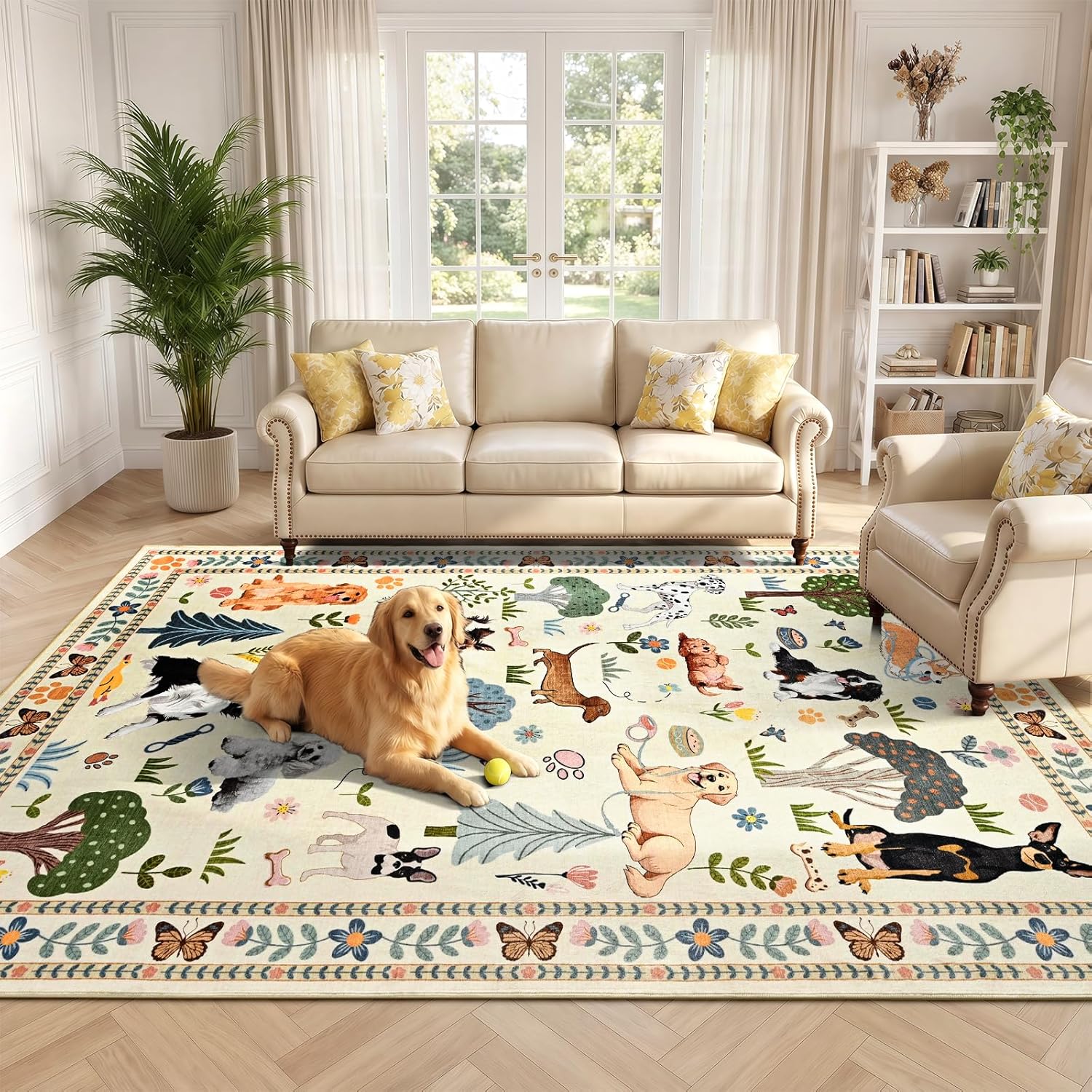 ST. BRIDGE Beige Living Room Rug 4x6 Rug, Non Slip Stain Resistant Washable Low Pile Carpet, Soft Thin Floral Dog Print Area Rugs, Floor Mat for Bedroom Farmhouse Dining Room Kids Room Home Decor