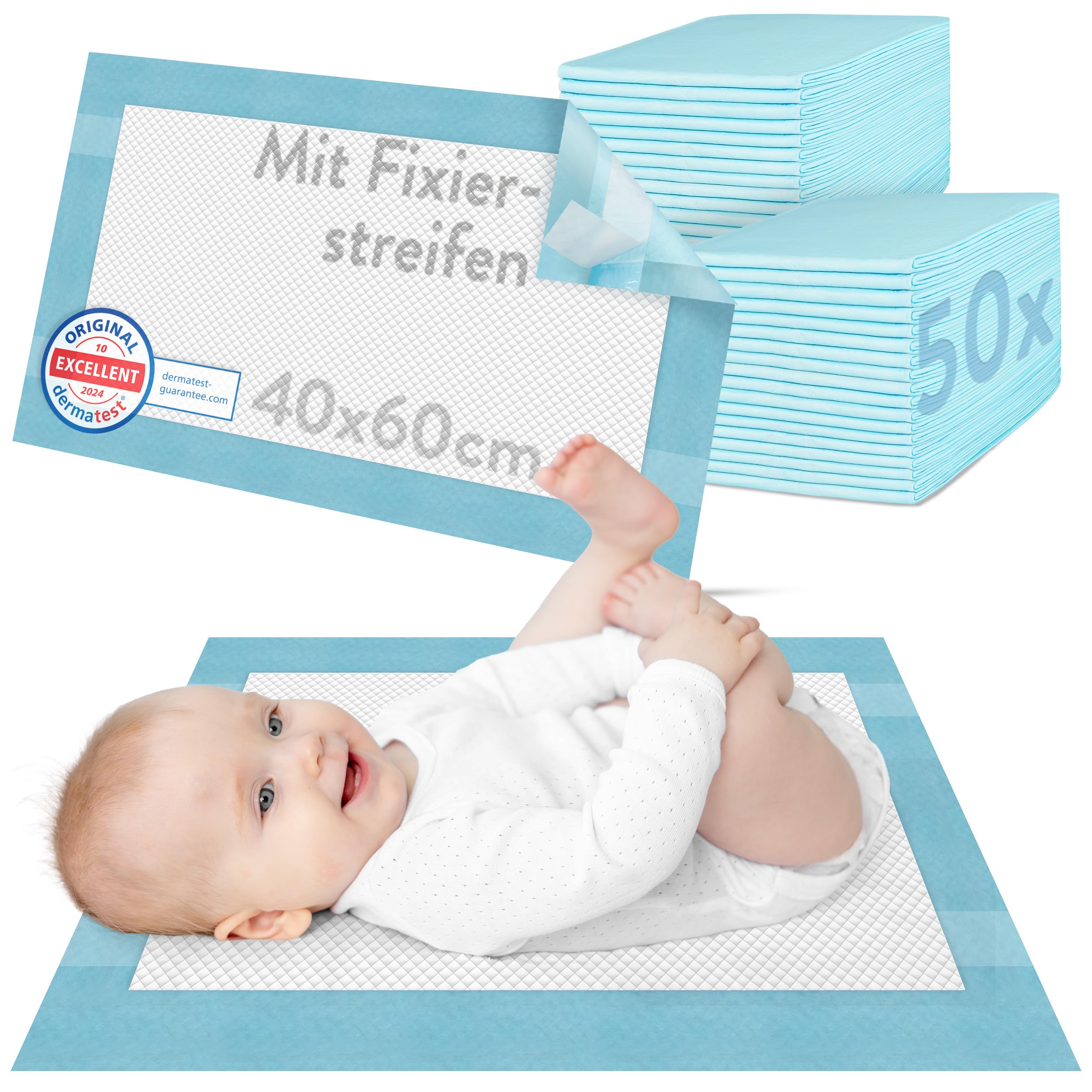Hautfreundliche Wickelunterlagen einweg 40 x 60 cm DERMATEST SEHR GUT saugstarke einweg wickelunterlage baby zubehör mit rutschfester Rückseite - 50 Stück