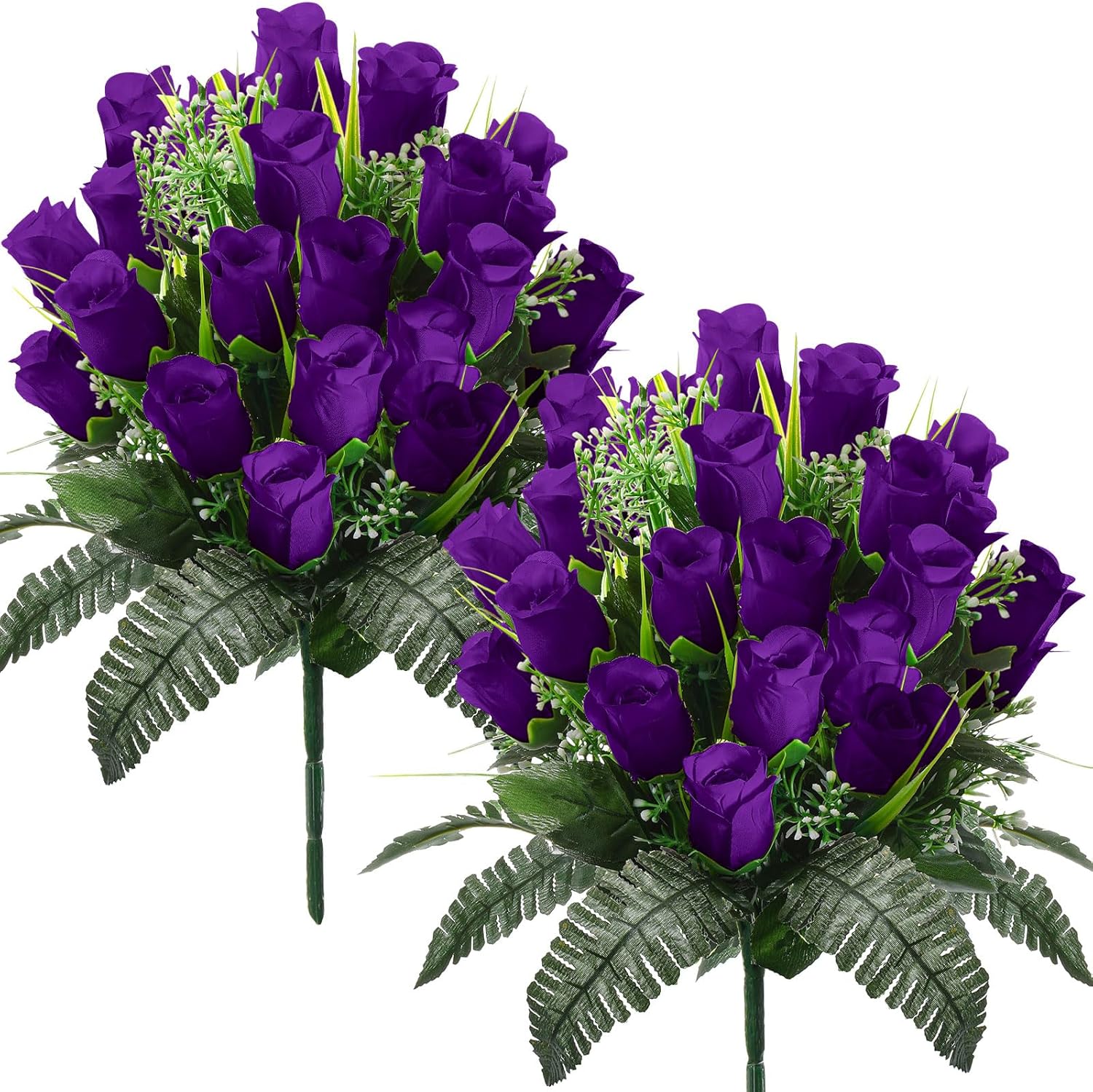 XunYee 2 Pack Memorial Day Cemetery Flowers with Grave Vase 48 Heads Artificial Memorial Flower Bouquet Silk Rose Spring Floral Arrangement for Gravesite Headstone Outdoor Decor(Champagne Gold)