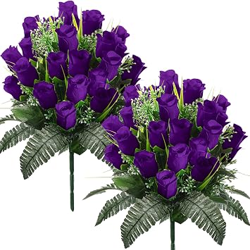 XunYee 2 Pack Fathers Day Cemetery Flowers with Grave Vase 48 Heads Artificial Memorial Flower Bouquet Silk Rose Floral Arrangement for Dad Gravesite Headstone DecorPurple