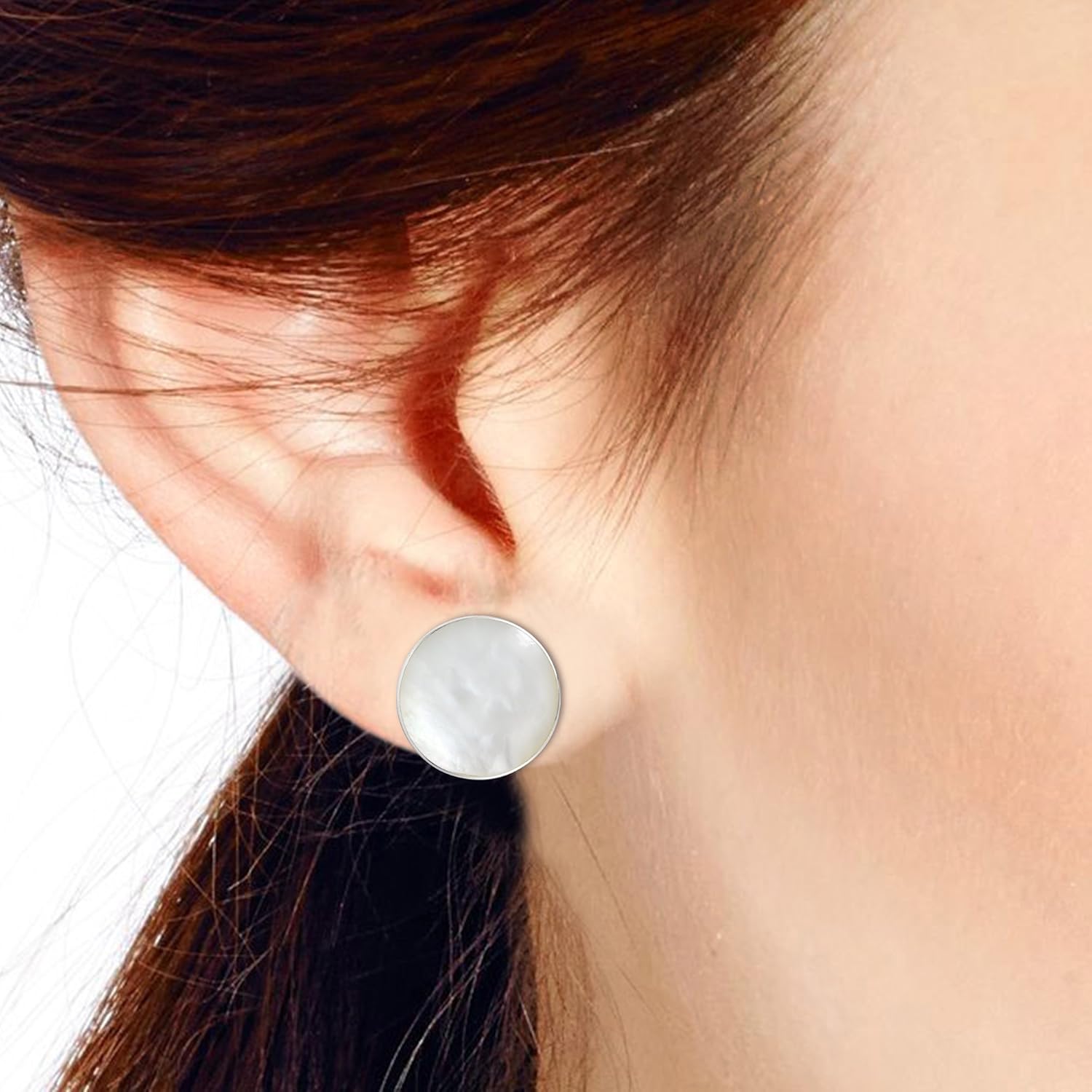 AeraVida 13mm Round Sterling Silver Stud Earrings | White Mother of Pearl Red Green or Blue Turquoise Black Onyx or Abalone Shell | Elegant Push Back Jewelry for Women in Shiny .925 Silver