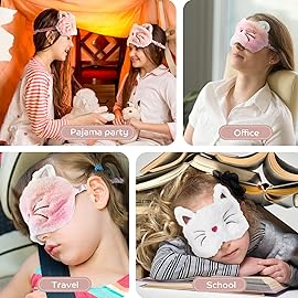 3 Pieces Sleep Mask for Kids, Girls Plush Sleeping Eye Cover Soft Eye Blindfold Cover Animal Shade for Kids(White, Pink and Rainbow Color,Cat Style)
