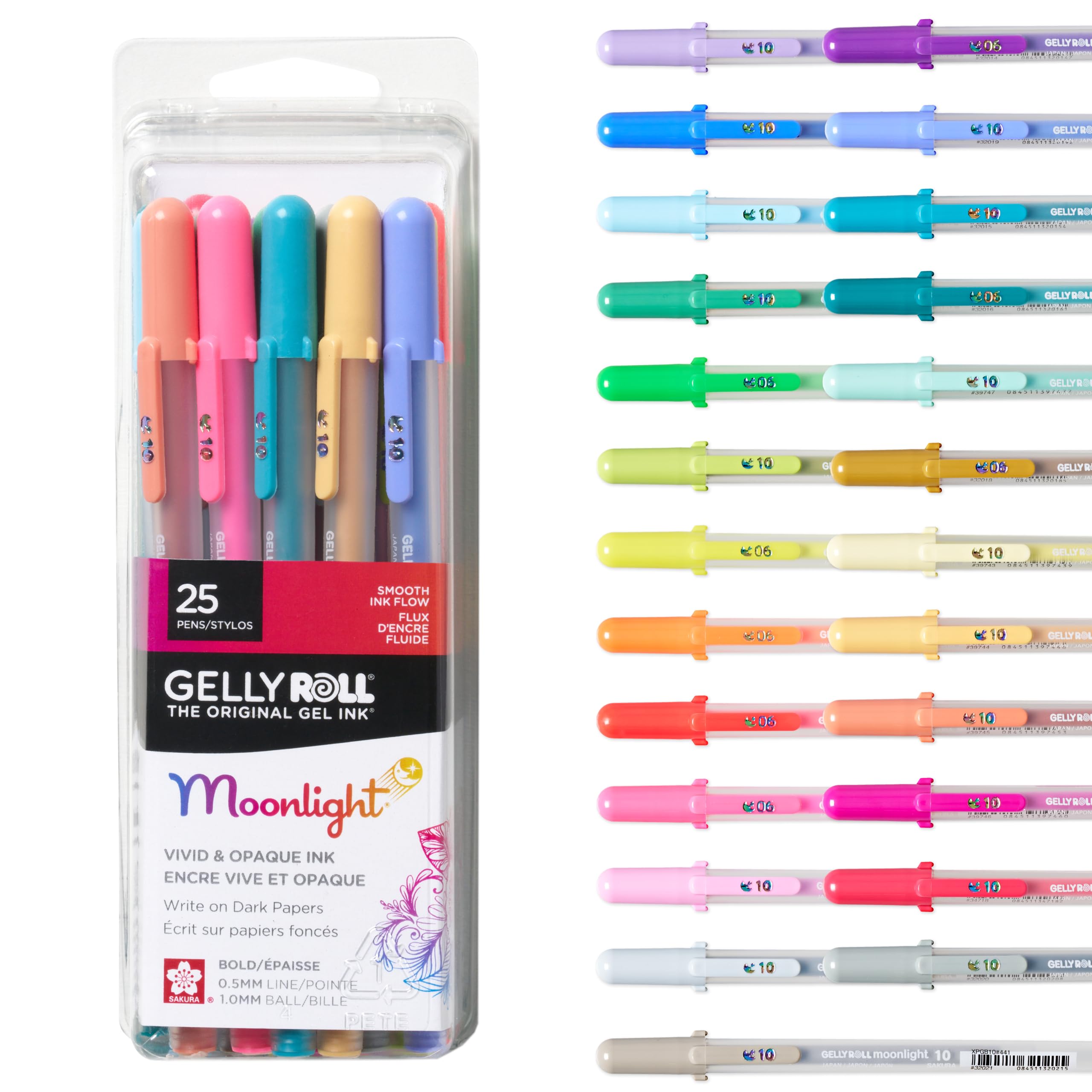 SAKURA Gelly Roll Moonlight Gelstifte, Größe 10, sortiert, 25 Stück | 25 lebendige Farben, kräftige Tinte, Stifte für Journaling, Kunst, Kalligraphie und Zeichnen, deckend, cremig glatt