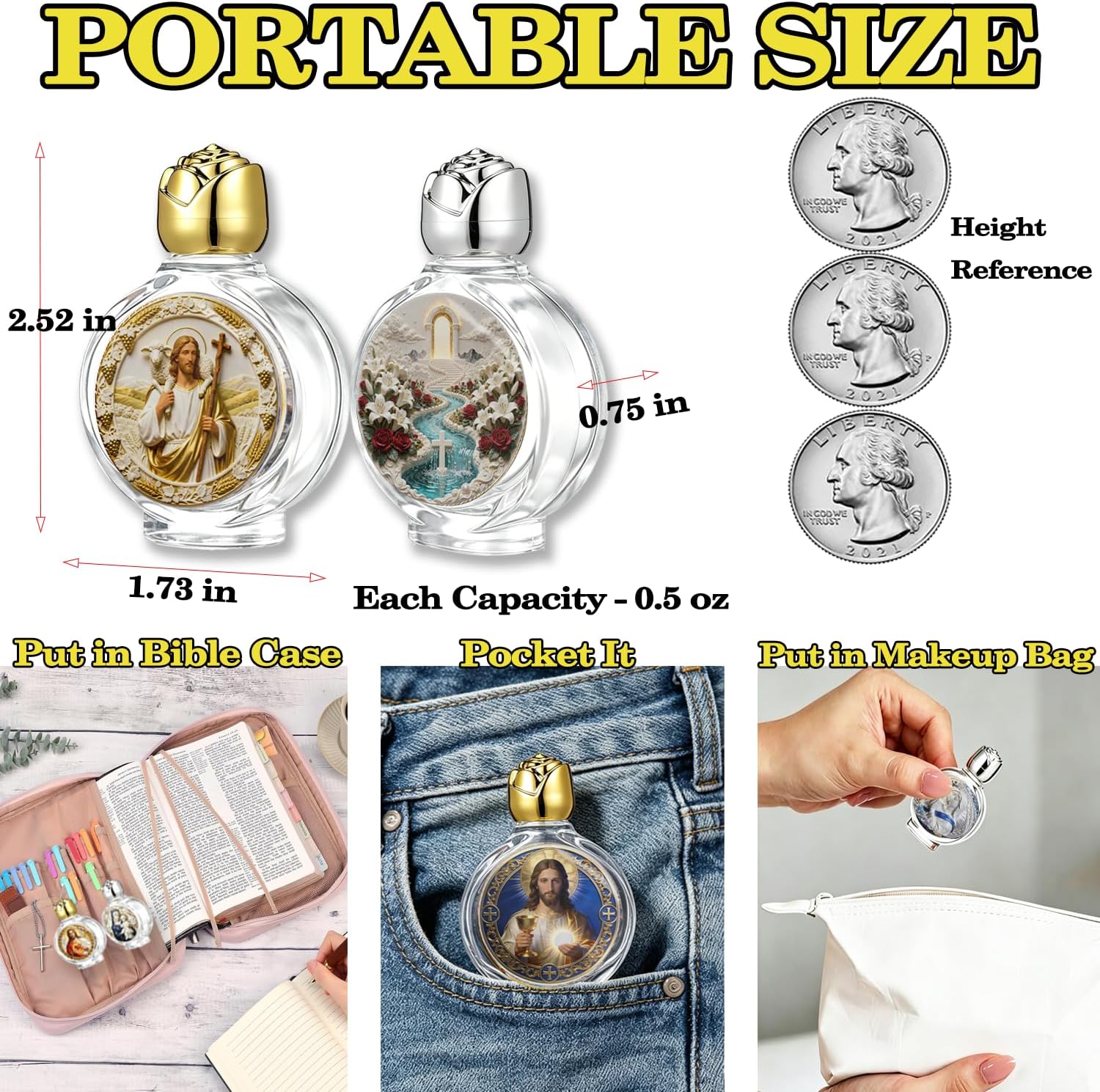5-Pack Small Glass Holy Water Bottles Bulk, Full-Color Sacred Icon Printed 0.5 oz Leak Resistant Empty Catholic Containers for Sympathy Gifts, Baptism, Home Altar, Church image 4