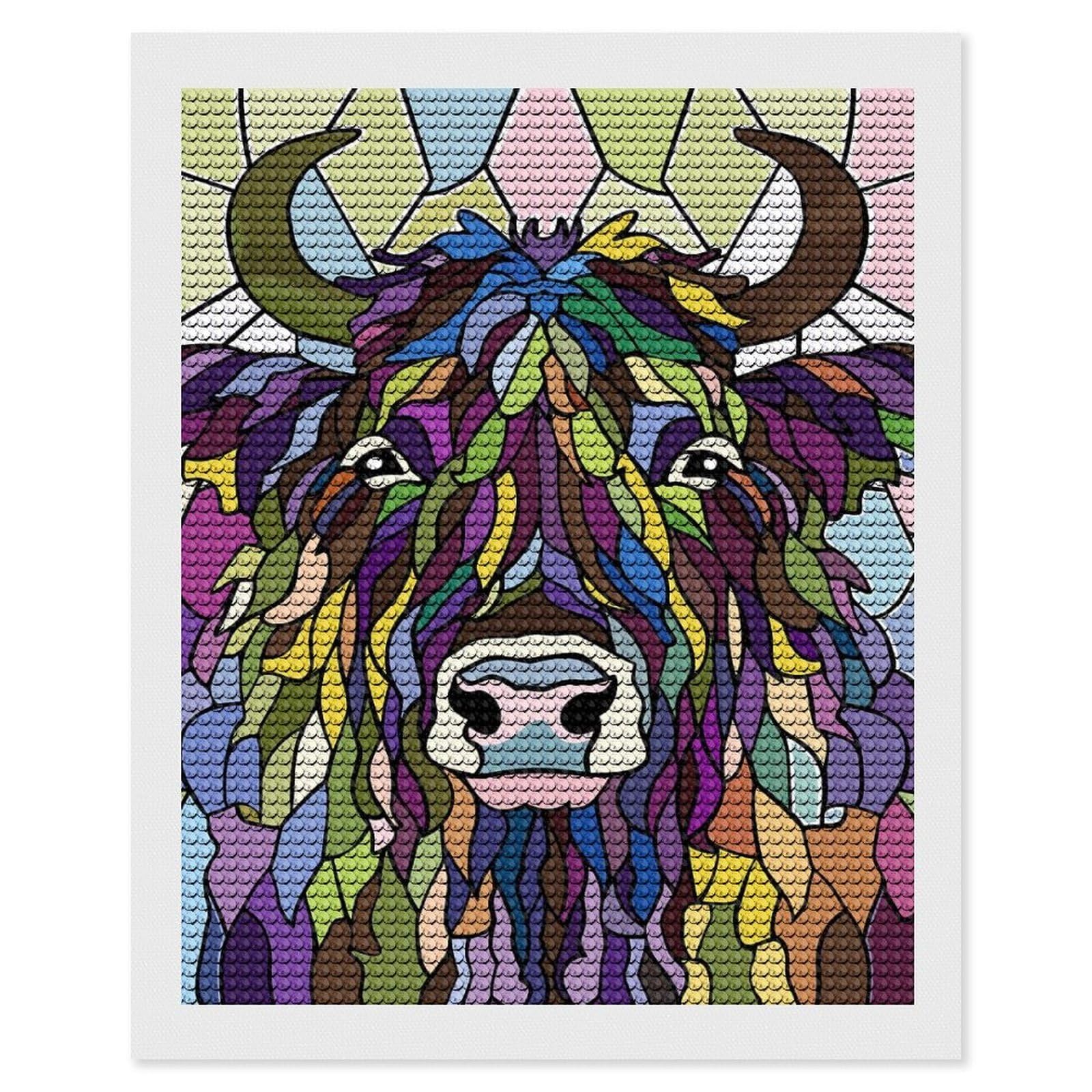 Junmoney Colorful Highland Cow Stained Glass Diamond Art Canvas 16"x20", Easy to Follow Symbols, Finish and Display, Fun Craft Experience, Aesthetic Room Decor