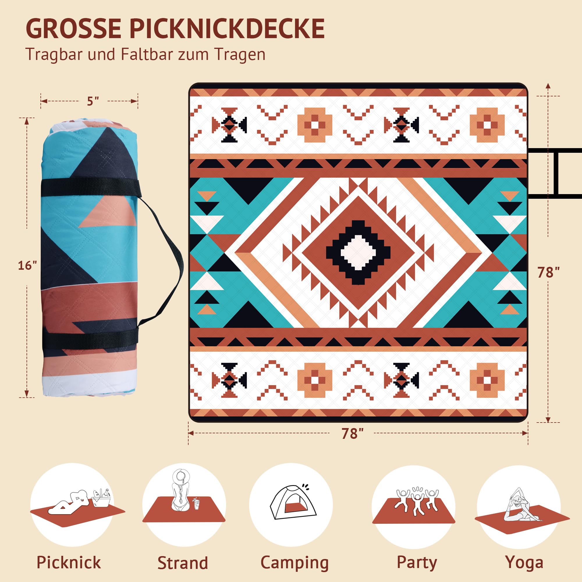 LARUTAN Brown Coperta Picnic Impermeabile, 200 x 200 cm Portatile Telo Picnic Antisabbia, Ultraleggero Stuoia Spiaggia per Spiaggia, Campeggio, Escursioni Coperta Picnic