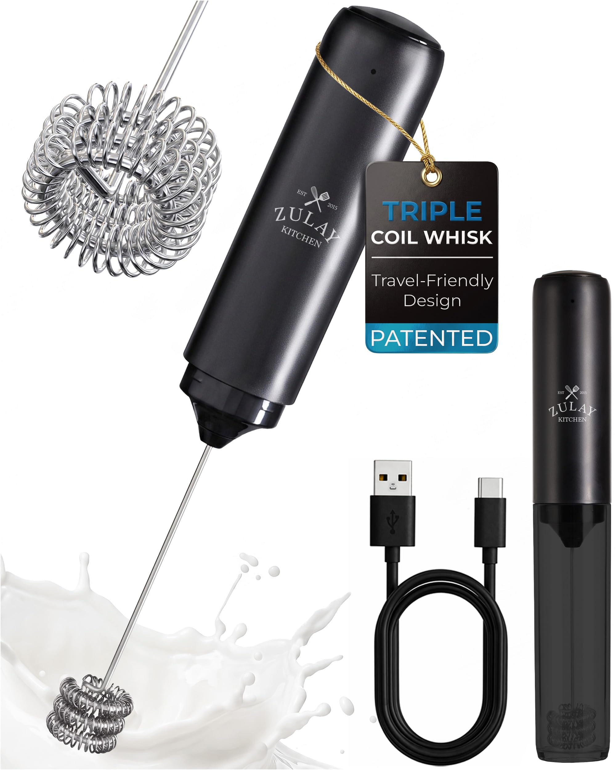 Zulay Kitchen Rechargeable Milk Frother Handheld - Triple Coil Whisk, Electric Coffee Frother, Portable Hand Frother Wand, Drink Mixer for Matcha, Lattes &amp; Cappuccinos, Kitchen Gifts - Black