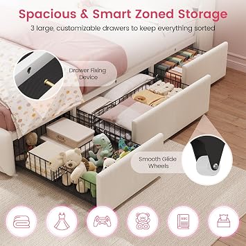 DICTAC Full Size Bed Frame with 3 Large Storage Drawers, Storage Headboard with LED Lights & Power Outlets, Tufted Velvet Upholstered Princess Platform Bed for Kids, Heavy-Duty Metal Support, Beige