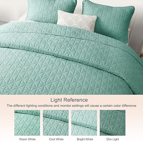 Miniatura 4 de Exclusivo Mezcla Juego de ropa de cama tamaño King con patrón de cuadrícula cosida, cubrecamas ligeras de verano verde para todas las estaciones (1