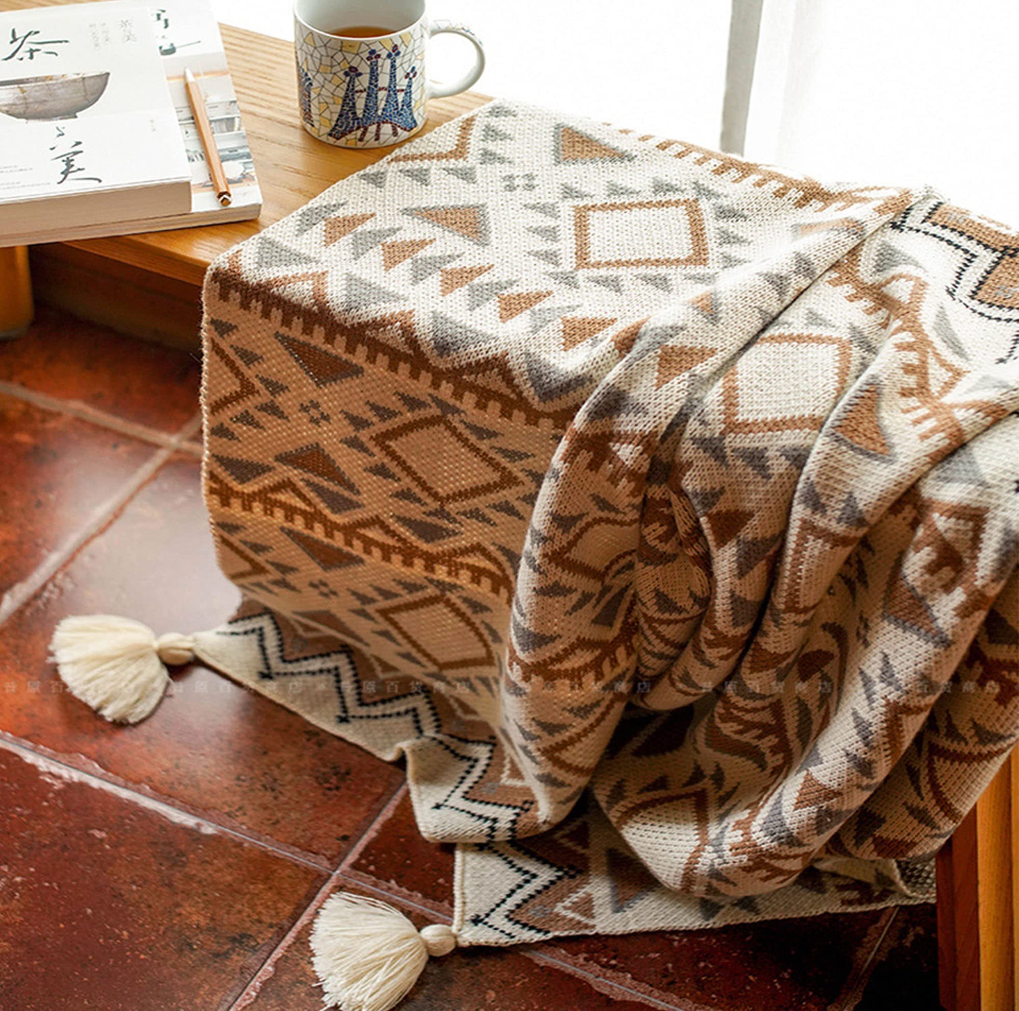 Coperta con frange a maglia, morbida e leggera, con nappe, decorativa, stile bohémien, calda coperta in acrilico per divano, divano, copriletto, divano, divano – (130 x 170 cm, stile 4)