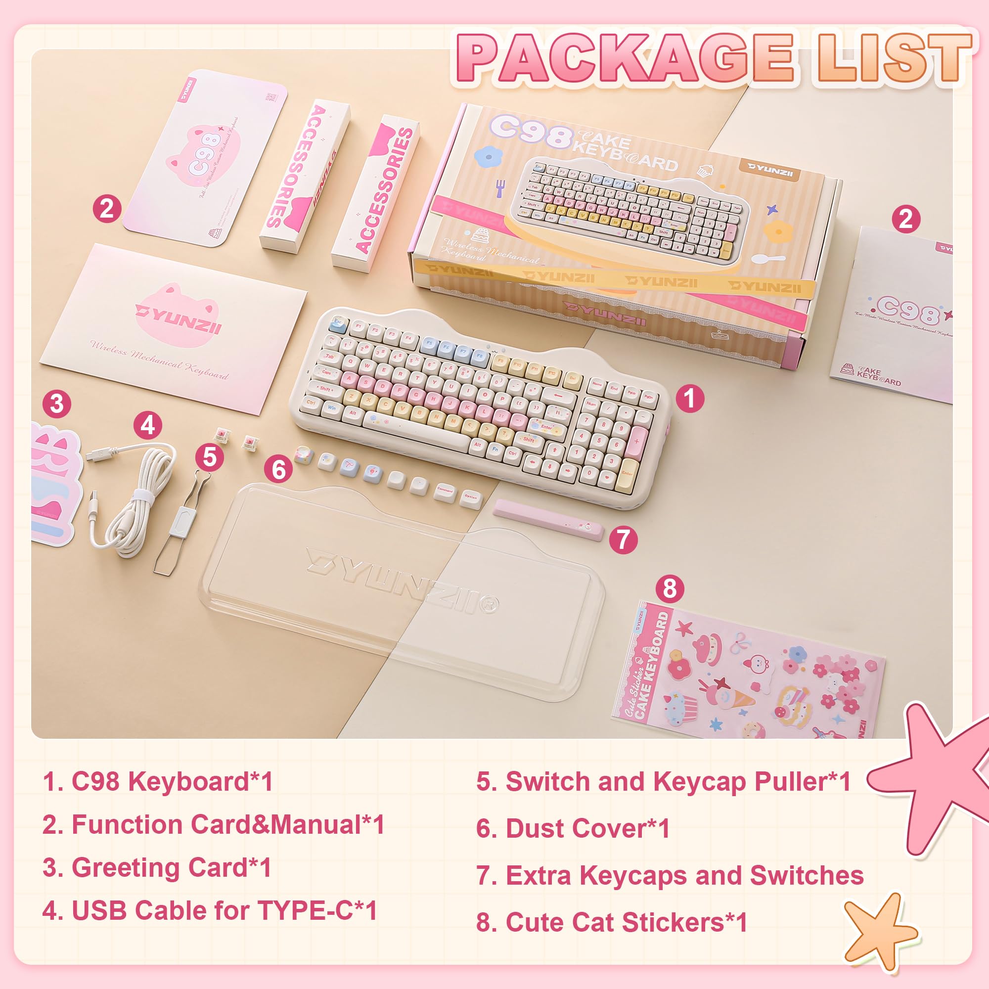 YUNZII C98 Clavier Gamer Mecanique sans Fil avec Pavé Numérique, 99 Touches PBT MOA, BT5.0/2,4G/USB-C, Rétroéclairage RGB, Hot Swap, Gasket Mount, à Thème Gâteau pour Windows/Mac (Beige, Milk V2)